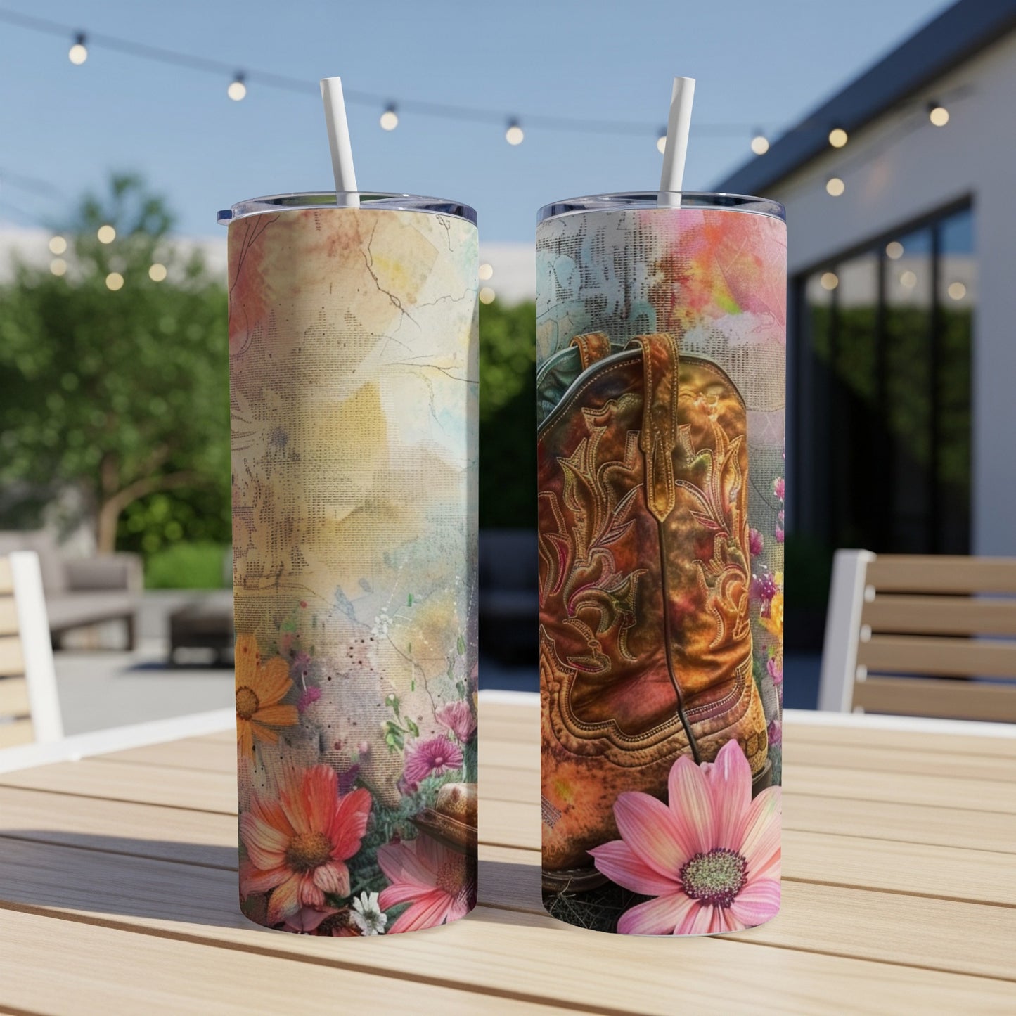 Two western cowboy boots tumblers with floral designs and straw lids.