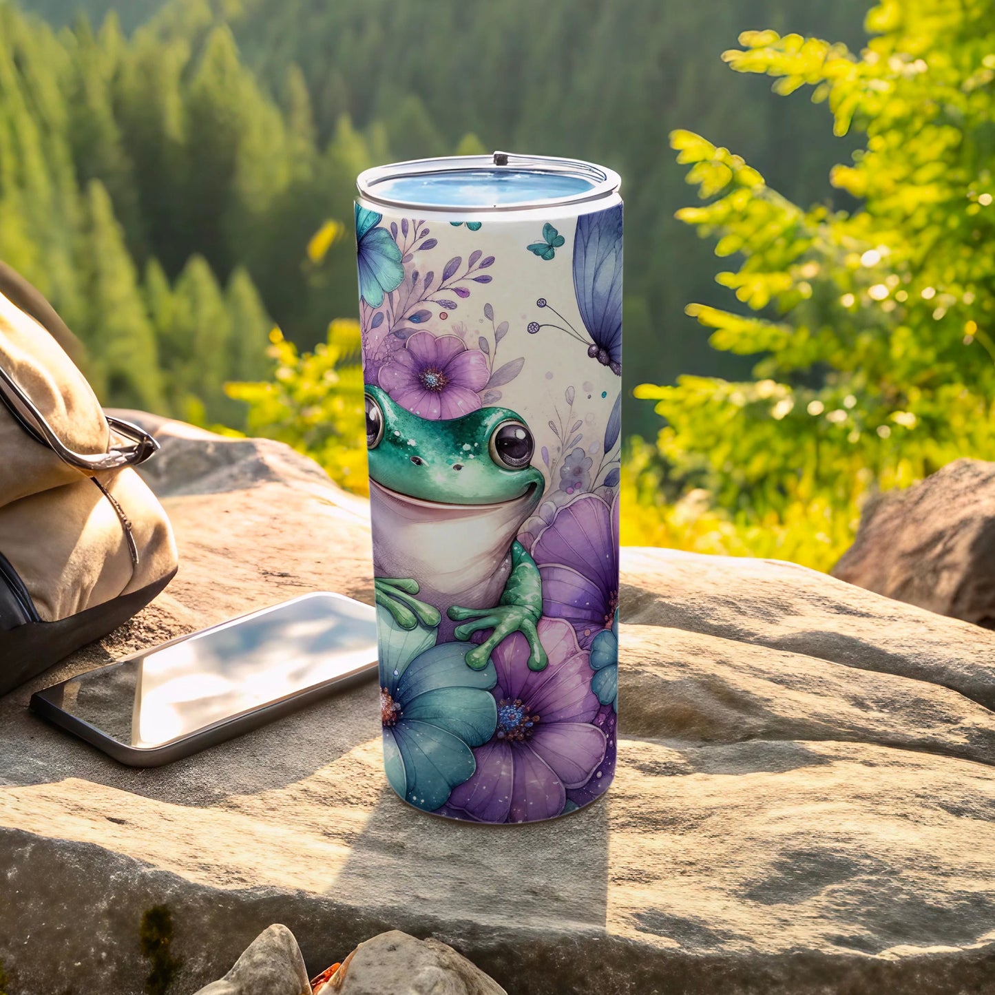 Cute Frog and Floral Design Travel Tumbler