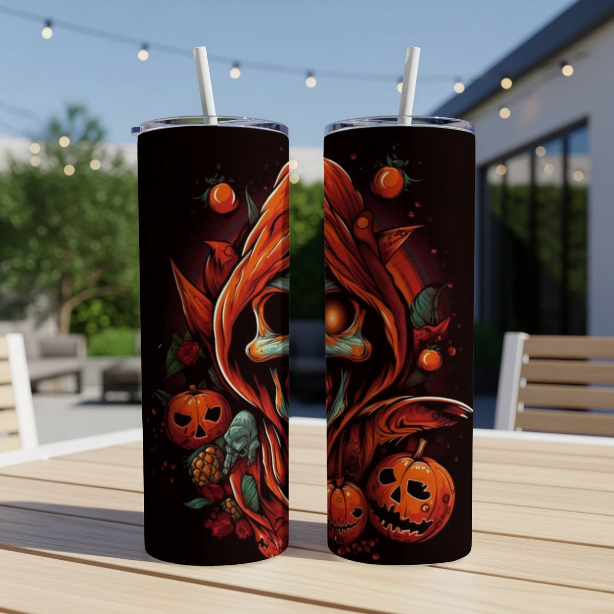 Halloween tumblers featuring a Grim Reaper design with pumpkins, roses, and berries.