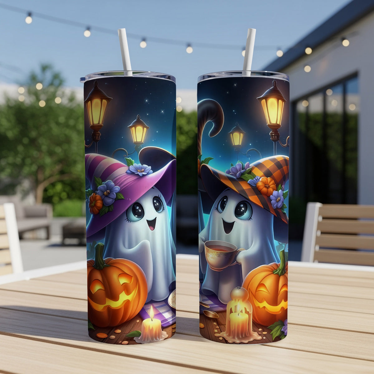 Two tumblers with spooky Halloween ghosts, pumpkins, candles, and street lamps on a starry night.