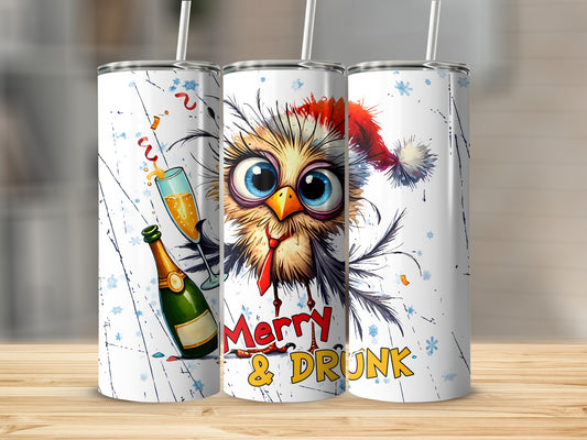 Festive owl in Santa hat with champagne and text Merry & Drunk.