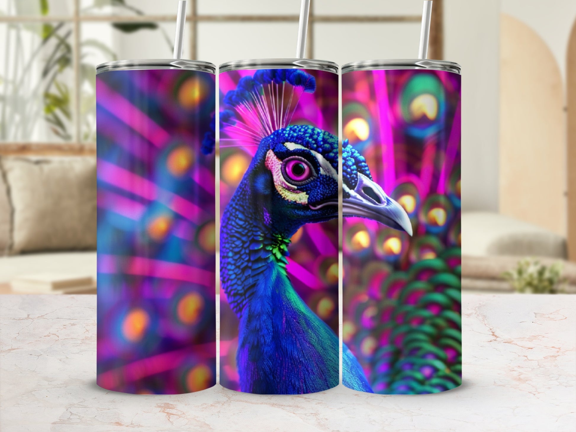 Three tumblers featuring a close-up of a peacock's head with colorful tail feathers.