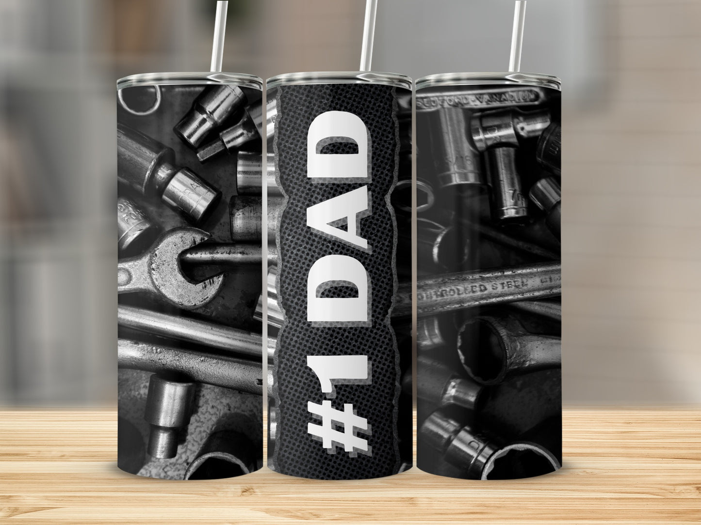 Tumbler with #1 DAD and garage tools design.