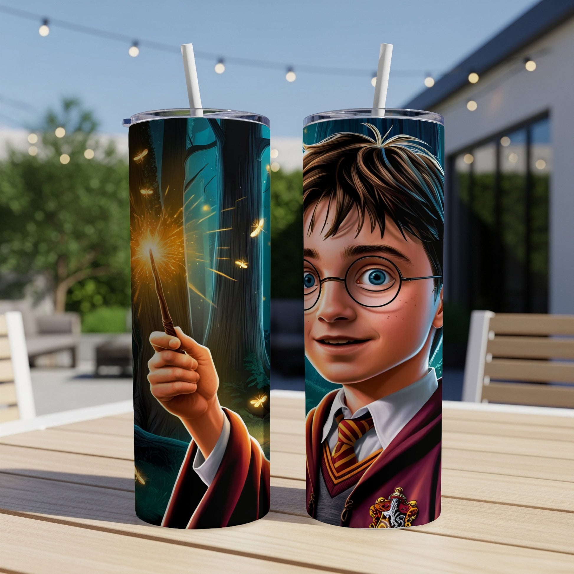 Harry Potter holding a wand, with a Hogwarts crest on his robe.