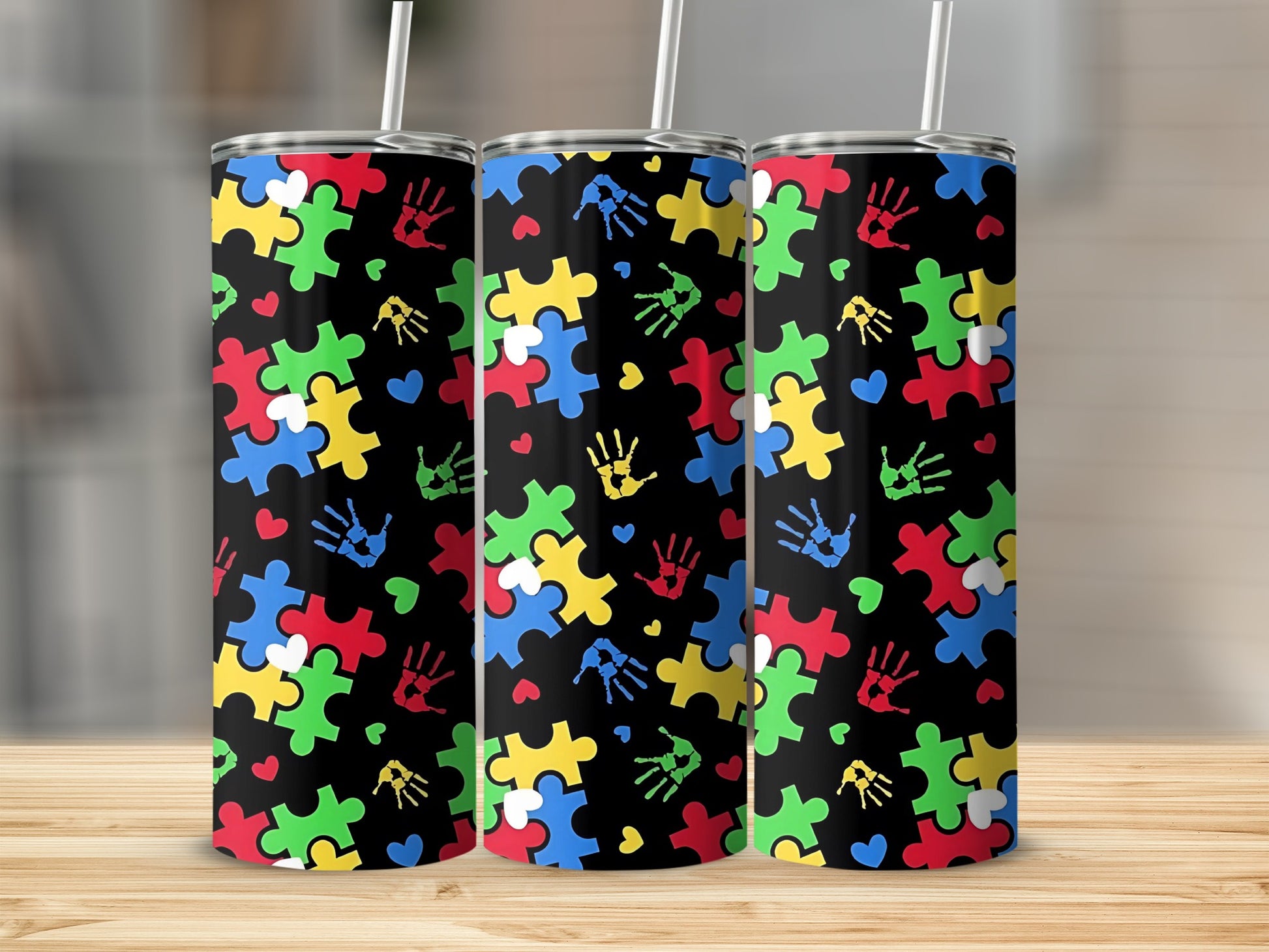 Colorful Puzzle Piece Pattern Stainless Steel Tumbler