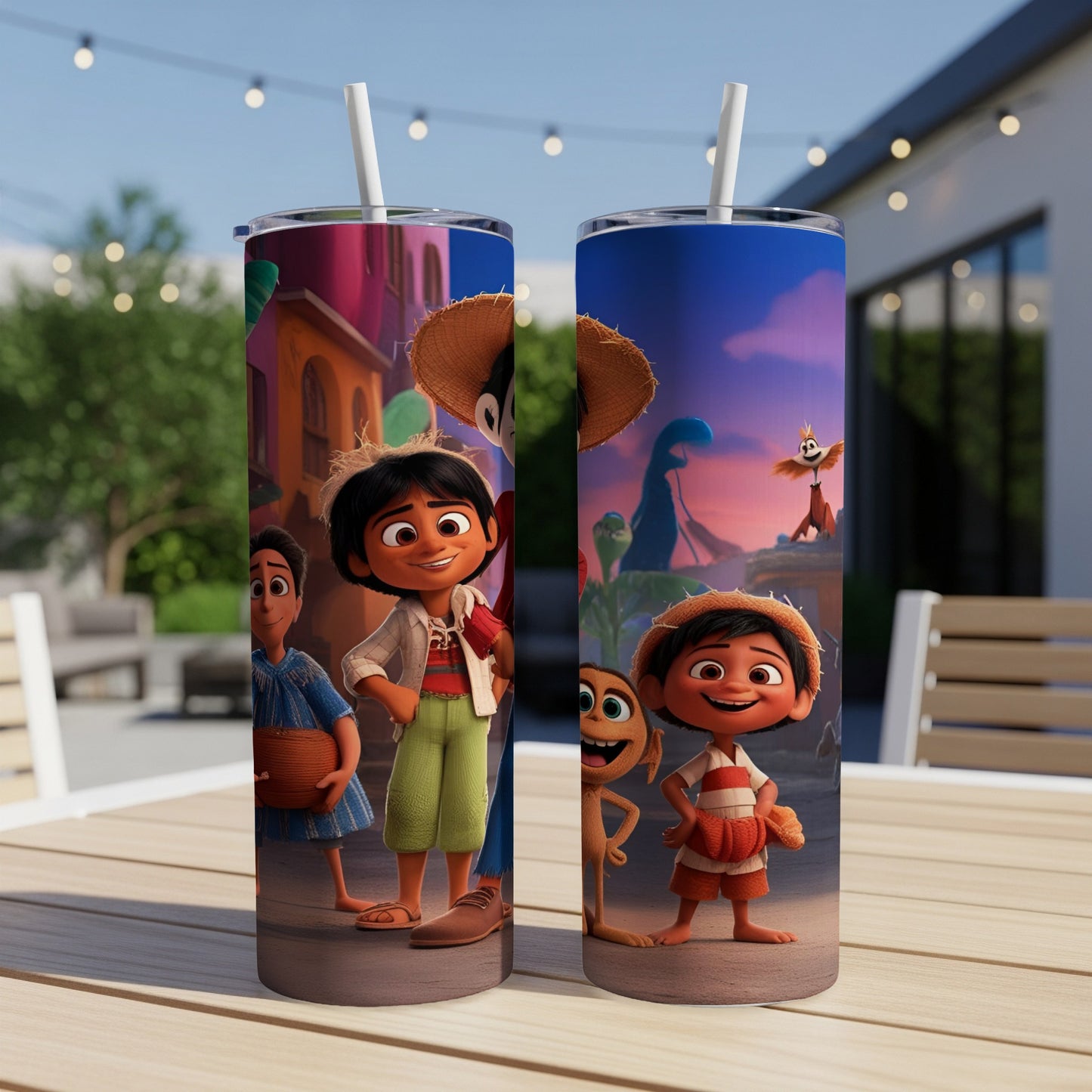 Two animated characters, a boy and a girl, on a colorful patterned tumbler.
