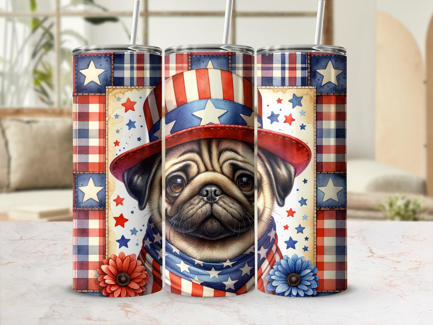 Patriotic pug wearing a hat and scarf with stars and stripes.