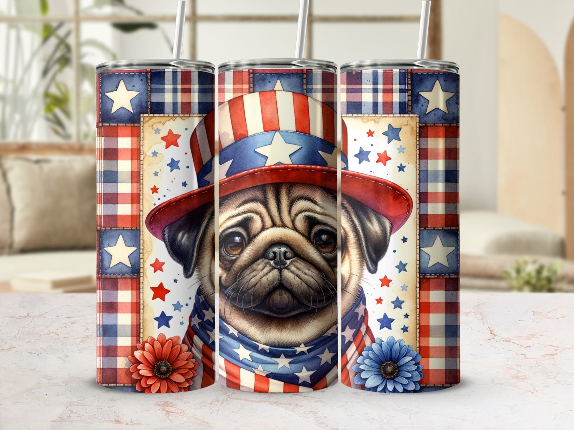 Patriotic pug wearing a hat and scarf with stars and stripes.