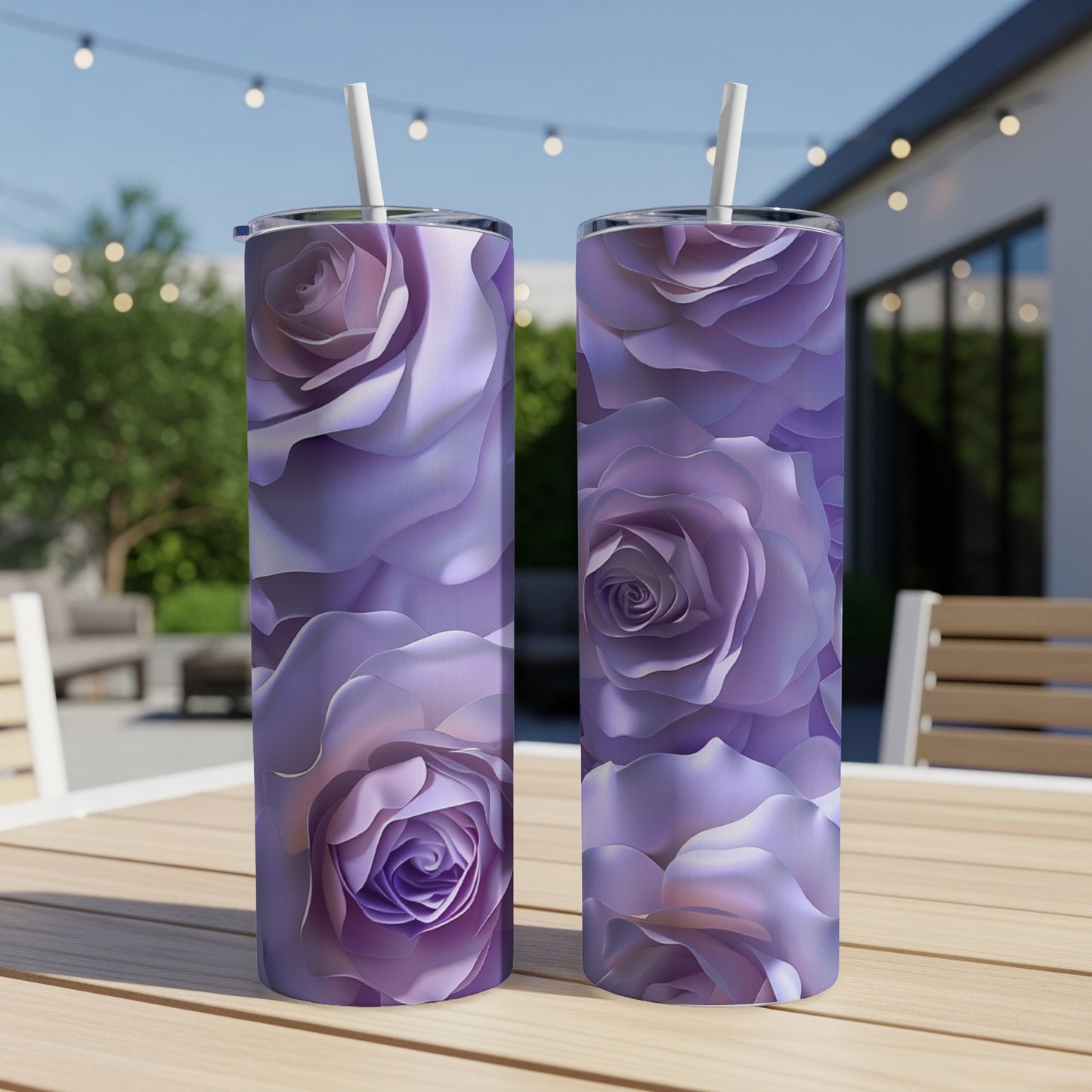 Two tall tumblers with a purple rose pattern sit on a wooden table.