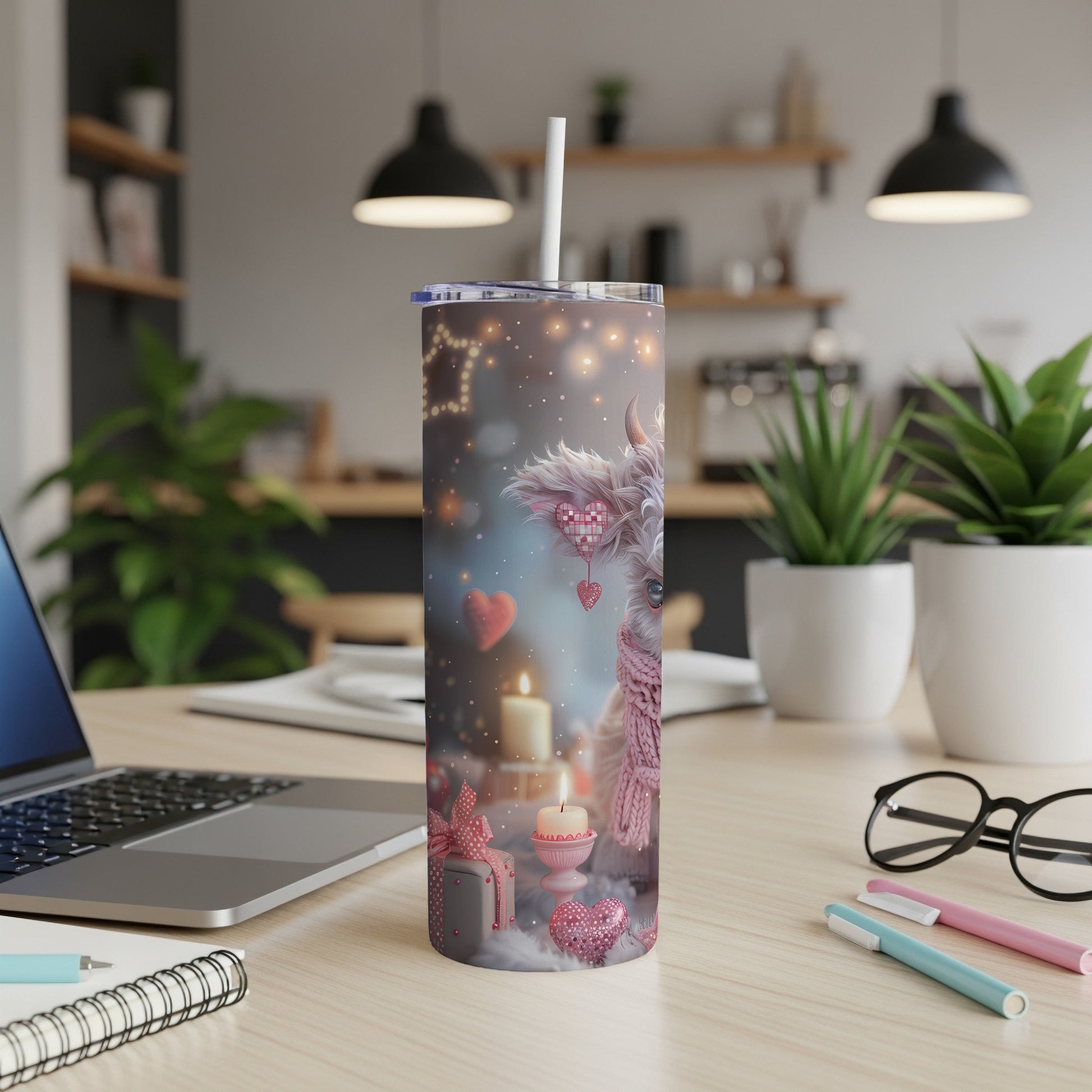Pink llama tumbler with hearts and fairy lights, on a desk.