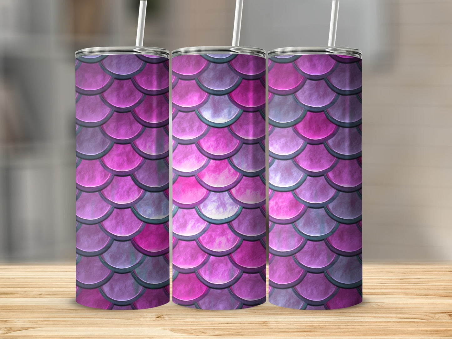 Pink and Lilac Shimmering Mermaid Scales Fish Pattern Tumblers