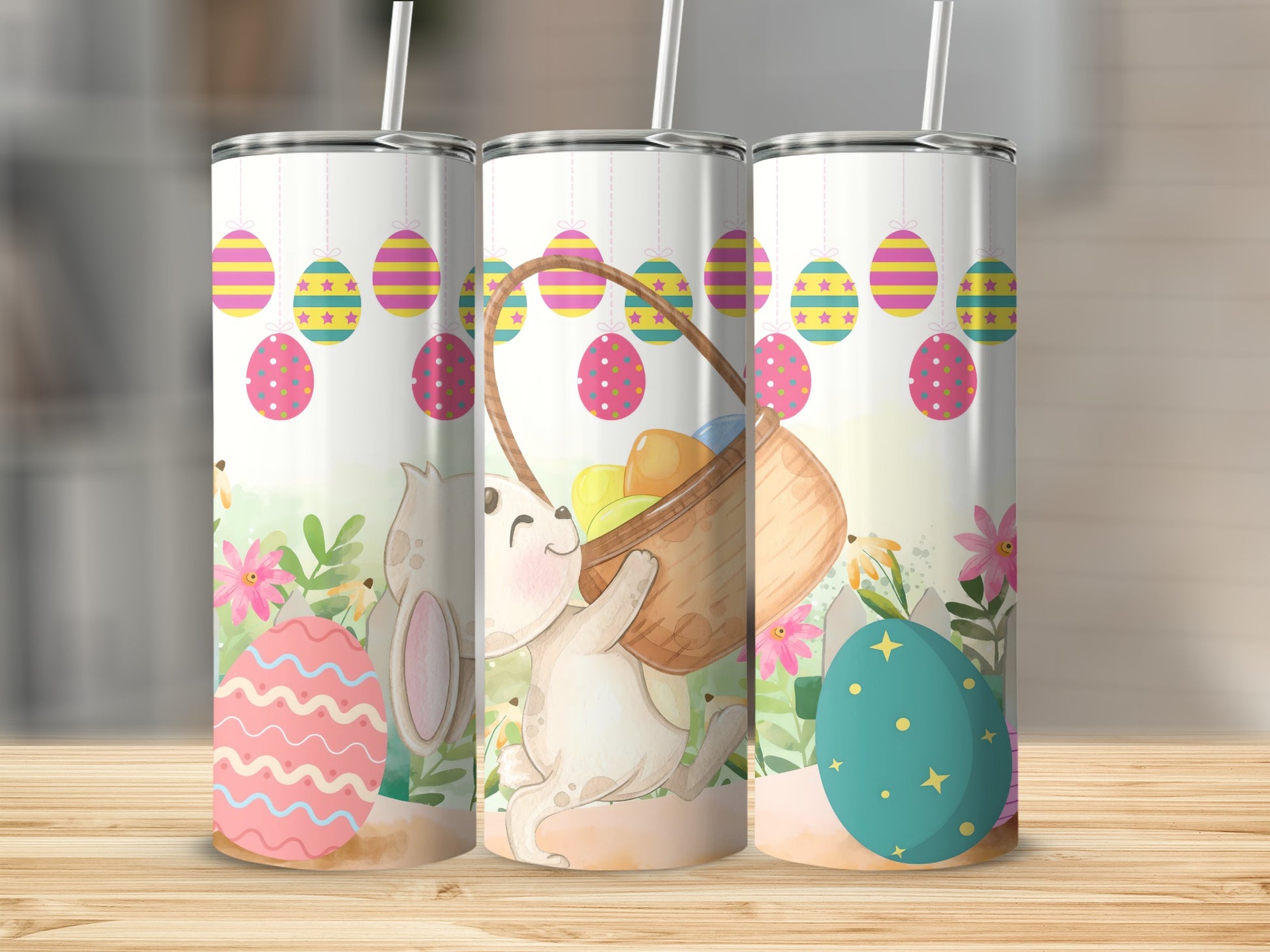 Cute Easter Bunny with Eggs and Flowers Tumbler Cup
