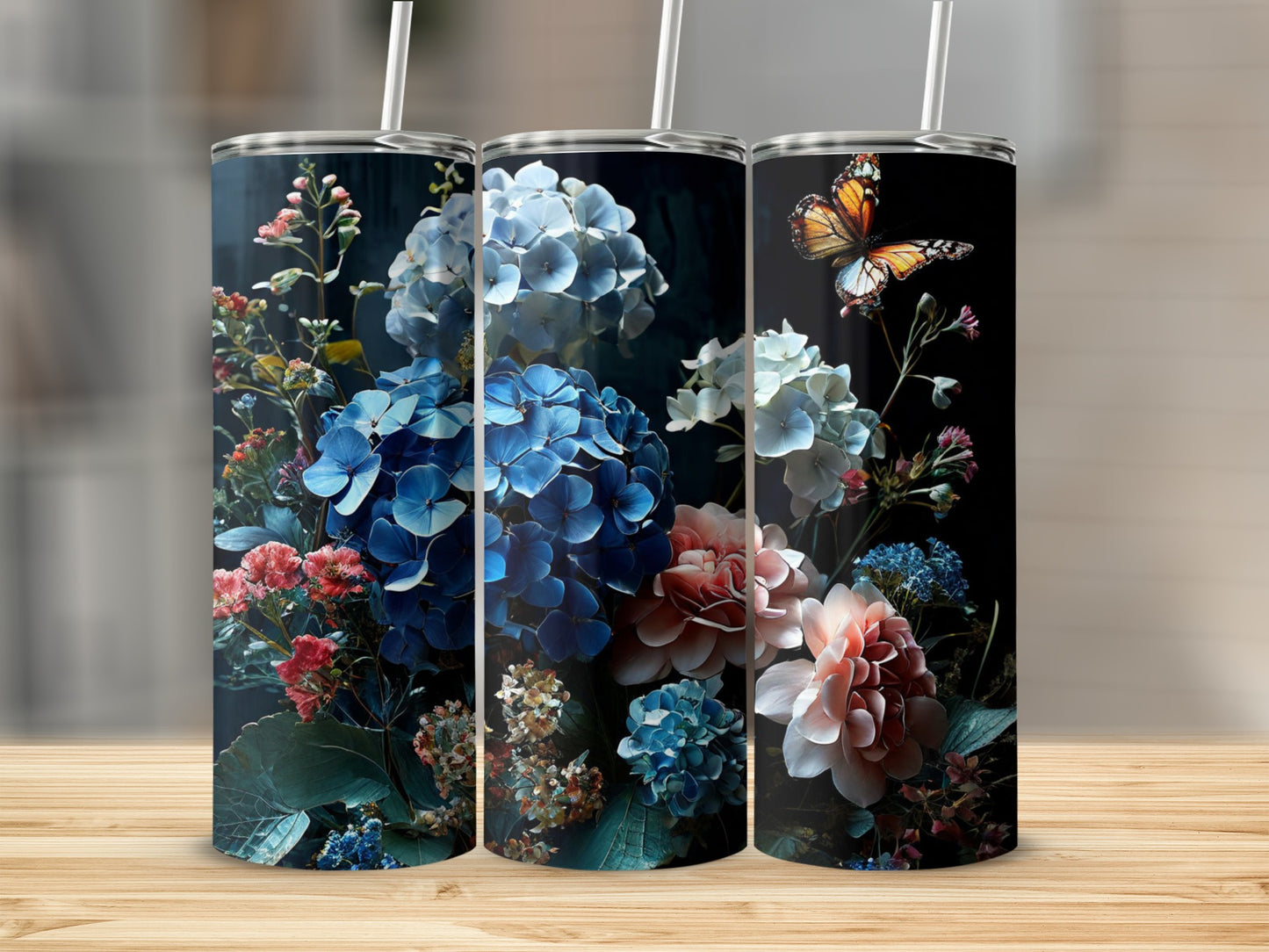 Floral tumbler with hydrangeas, peonies, and a butterfly.
