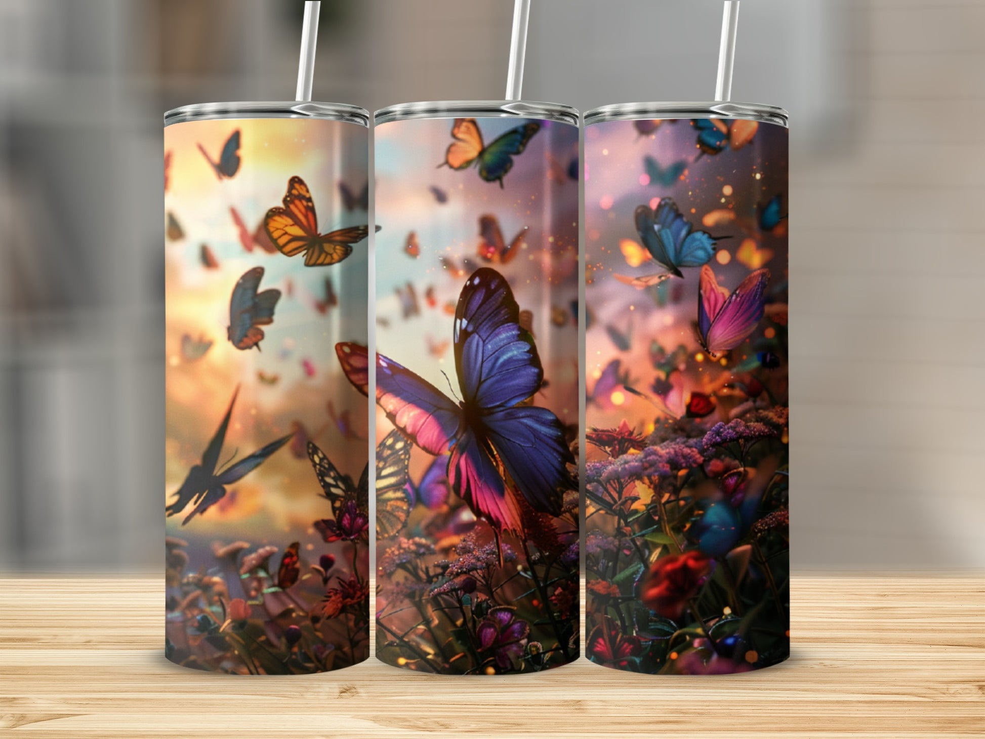 Three tumblers featuring colorful butterflies and flowers in flight.