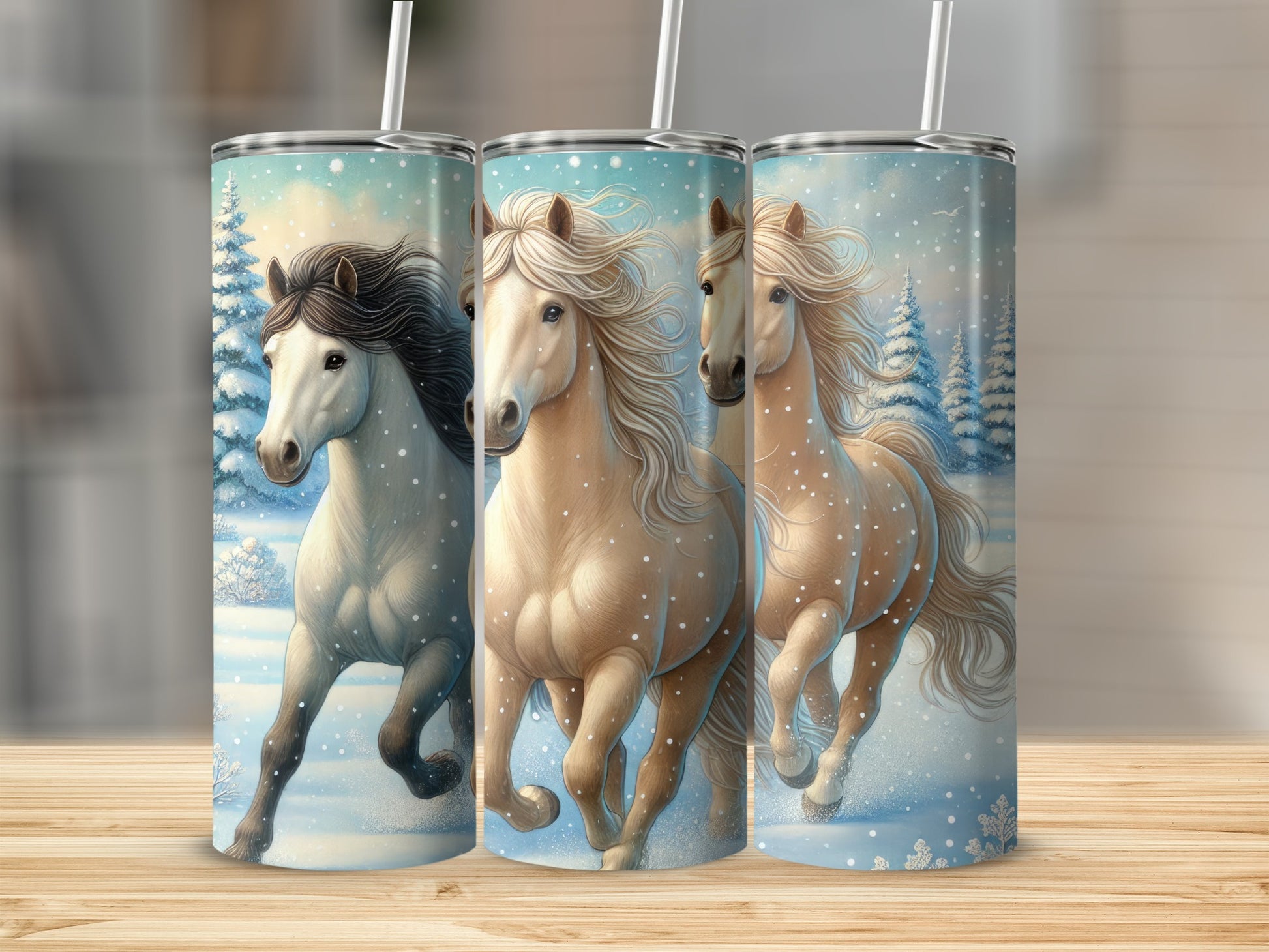 Three horses running in a snowy forest with falling snowflakes.