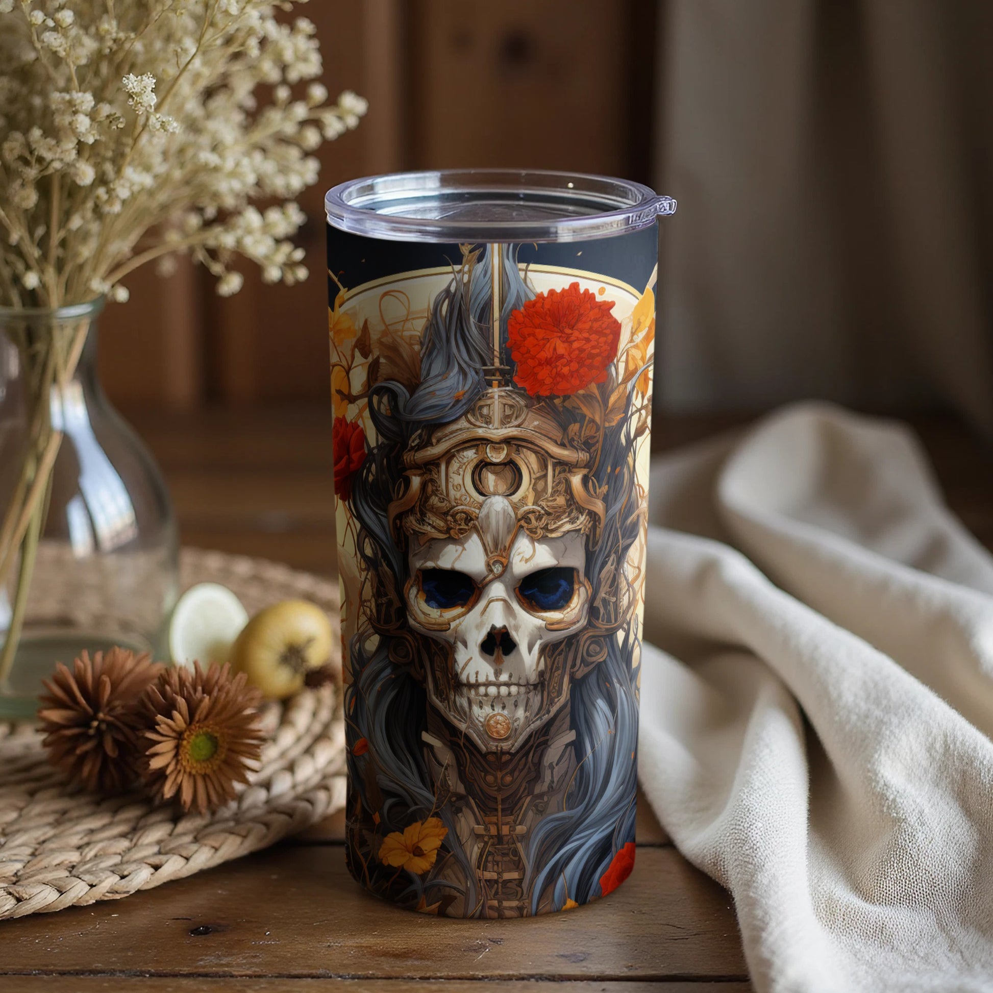 Intricately Designed Skull Tumbler with Floral Accents