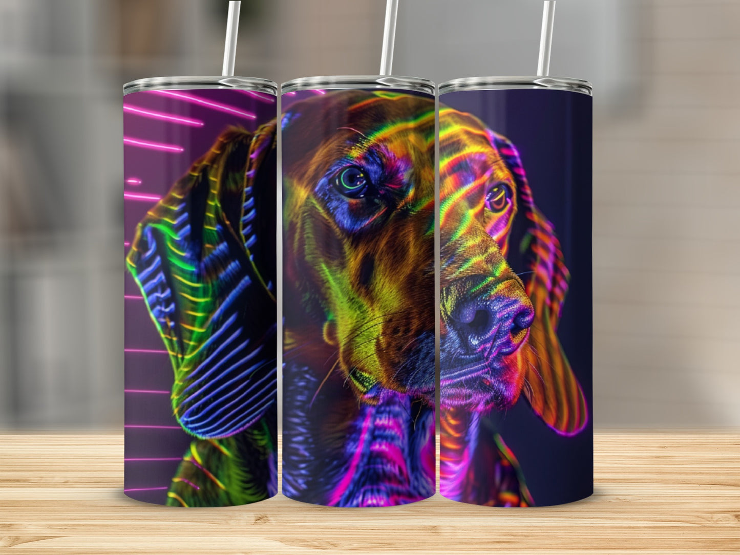 Tattooed basset hound portrait with neon lights and vibrant colors.