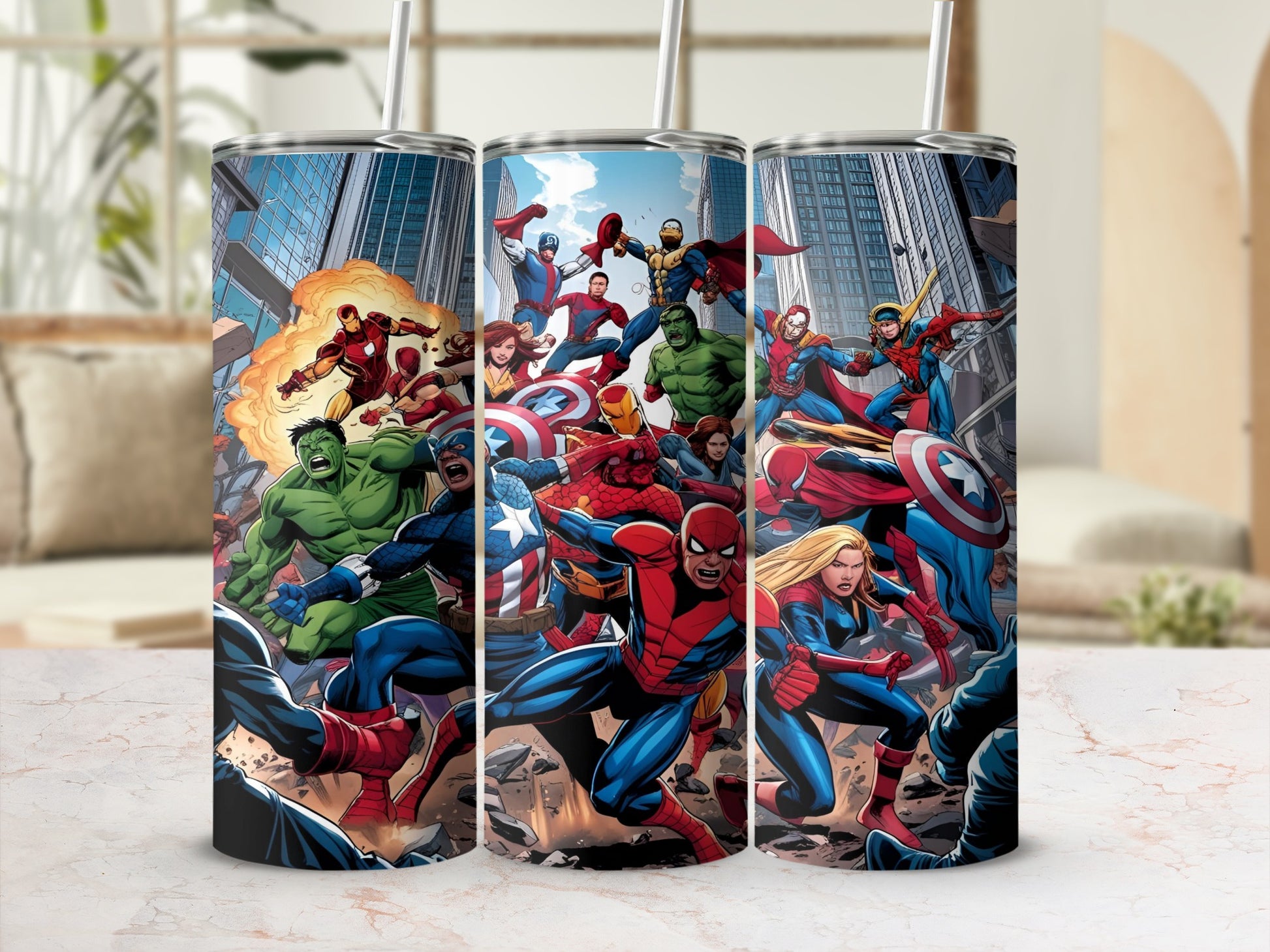 Marvel superheroes team up for battle against a city backdrop.