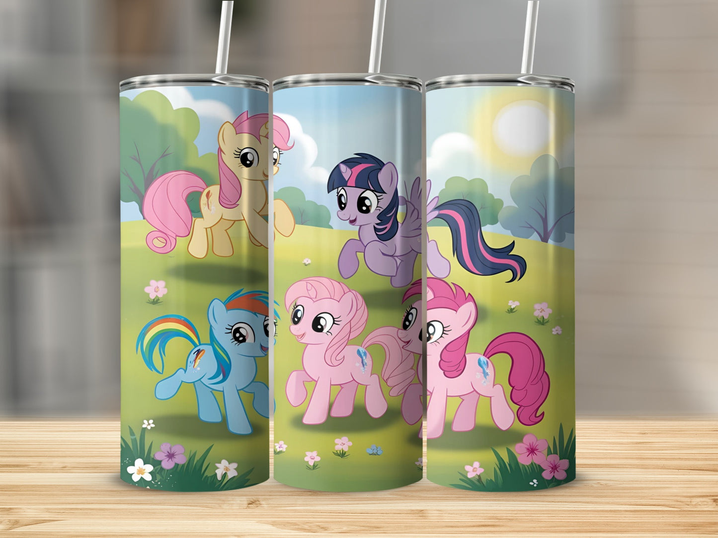 My Little Pony characters on a colorful tumbler with floral accents.