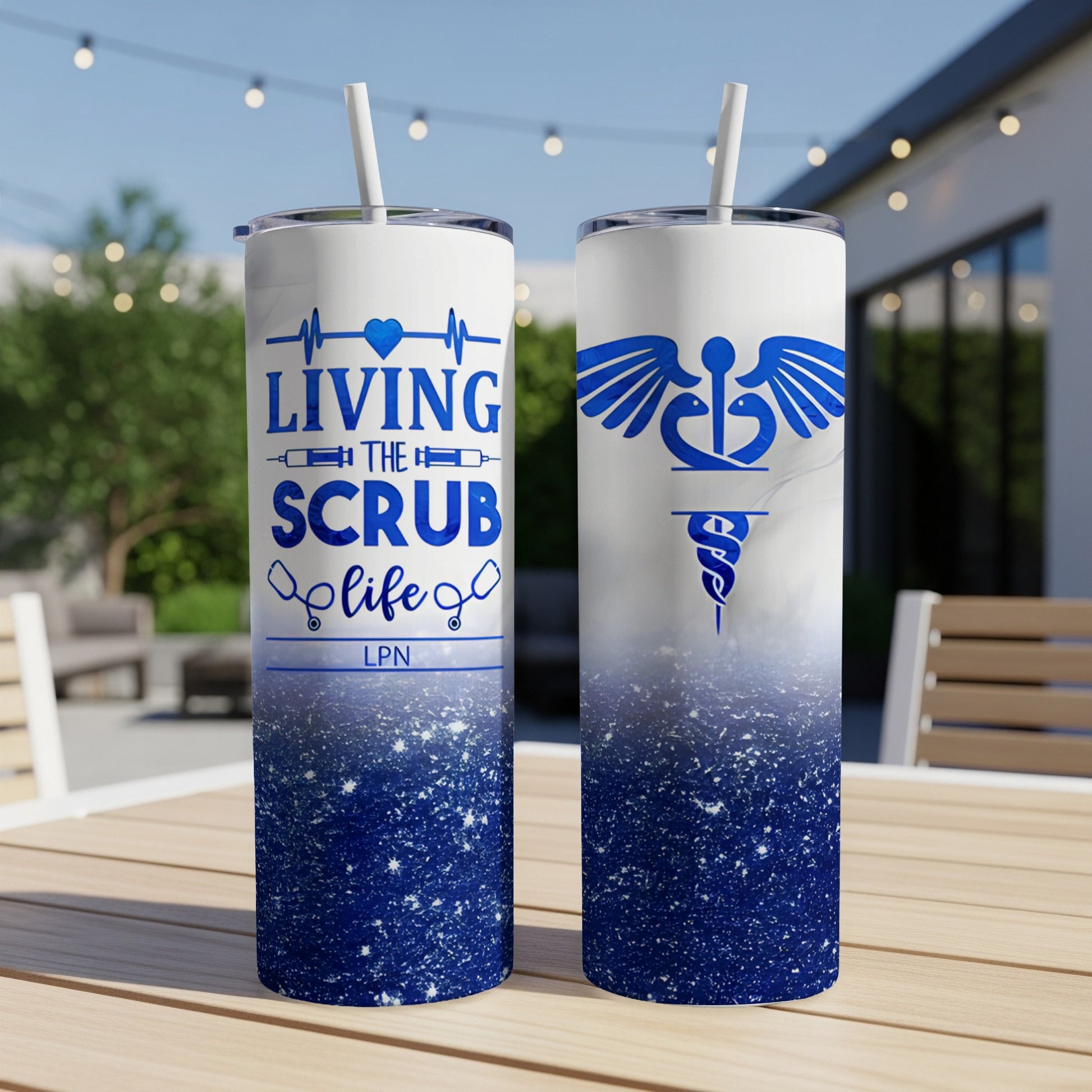 Two tumblers with "Living the Scrub Life LPN" and a caduceus symbol.