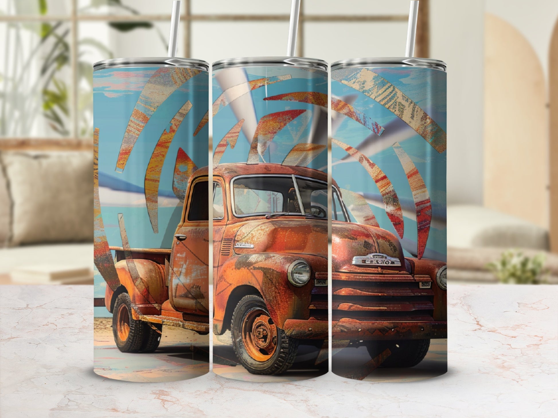 Rusty vintage truck with abstract pattern on a blurred background.