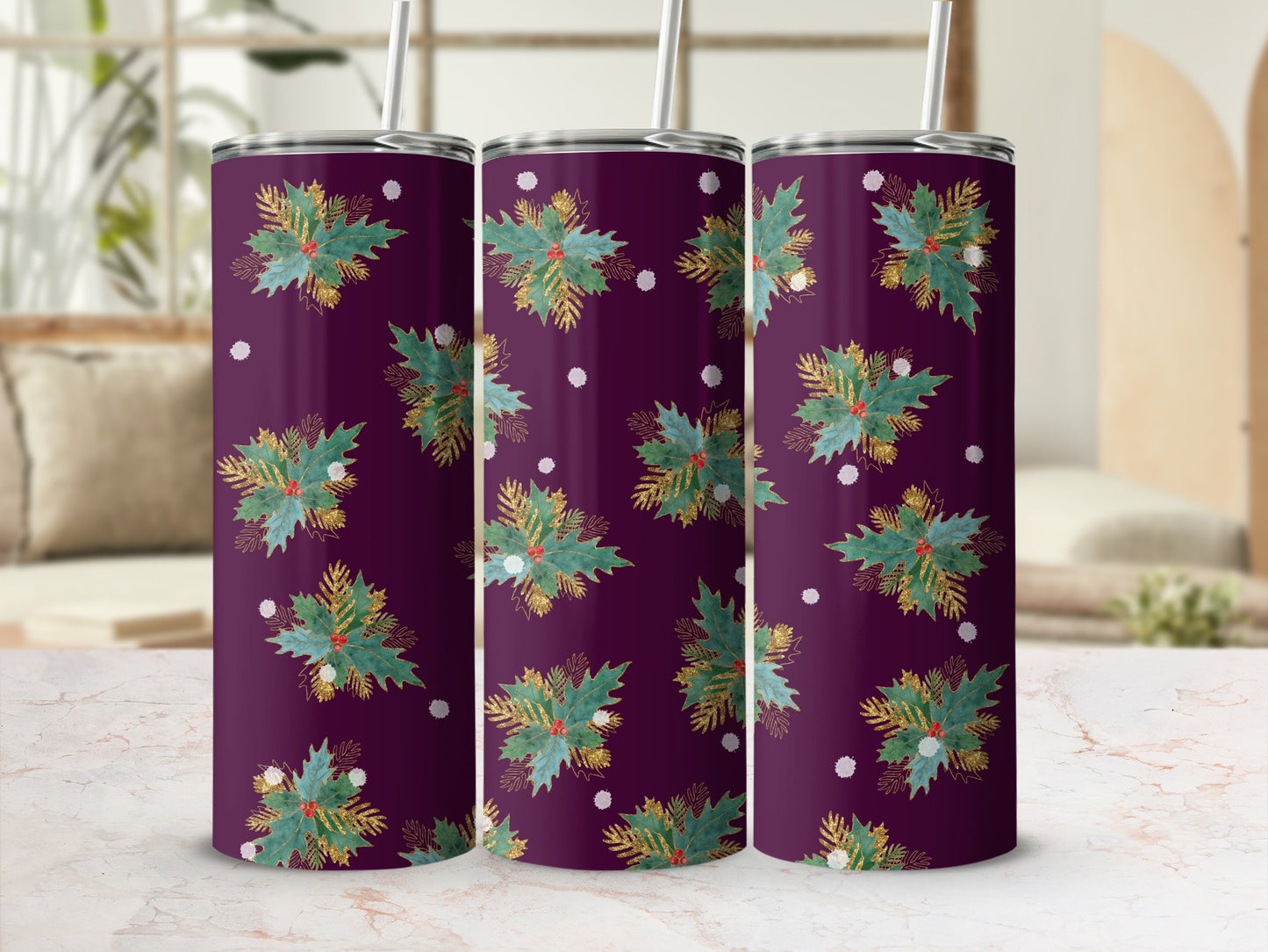 Dark purple tumbler with gold and green holly berry pattern.