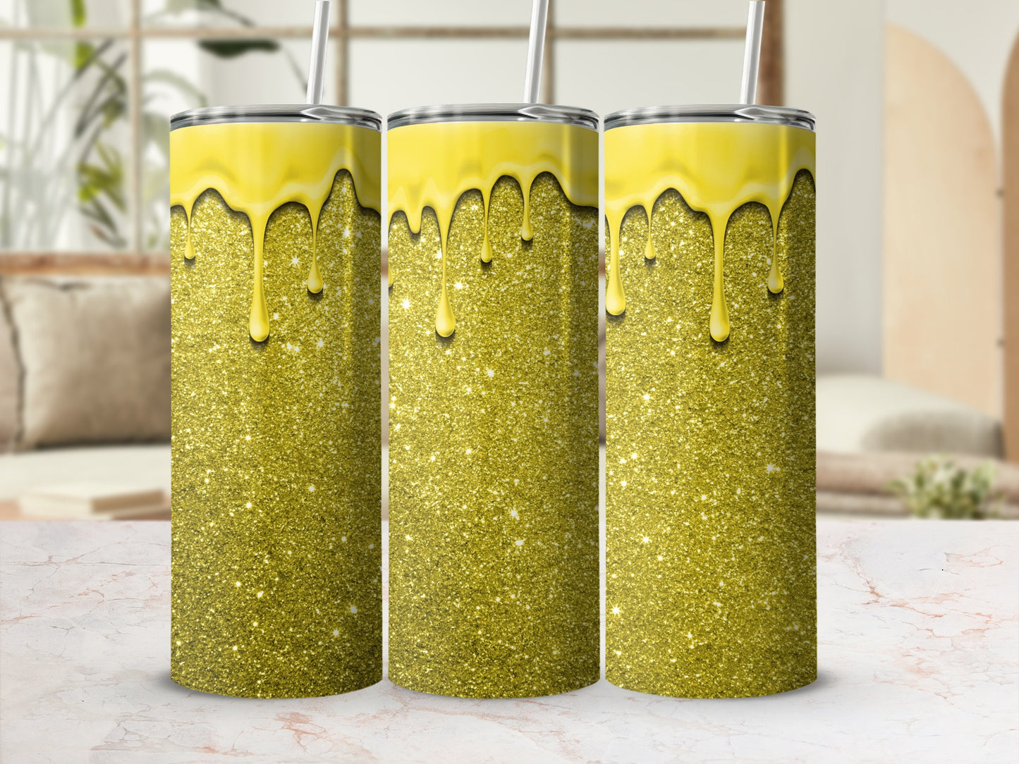 Glittering Yellow and Gold Dripping Tumbler Cup Design