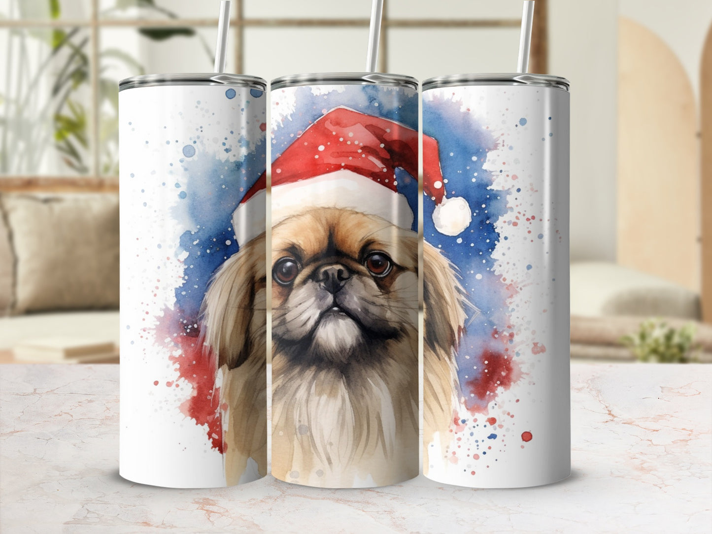Pekingese dog in Santa hat with watercolor splatter design.