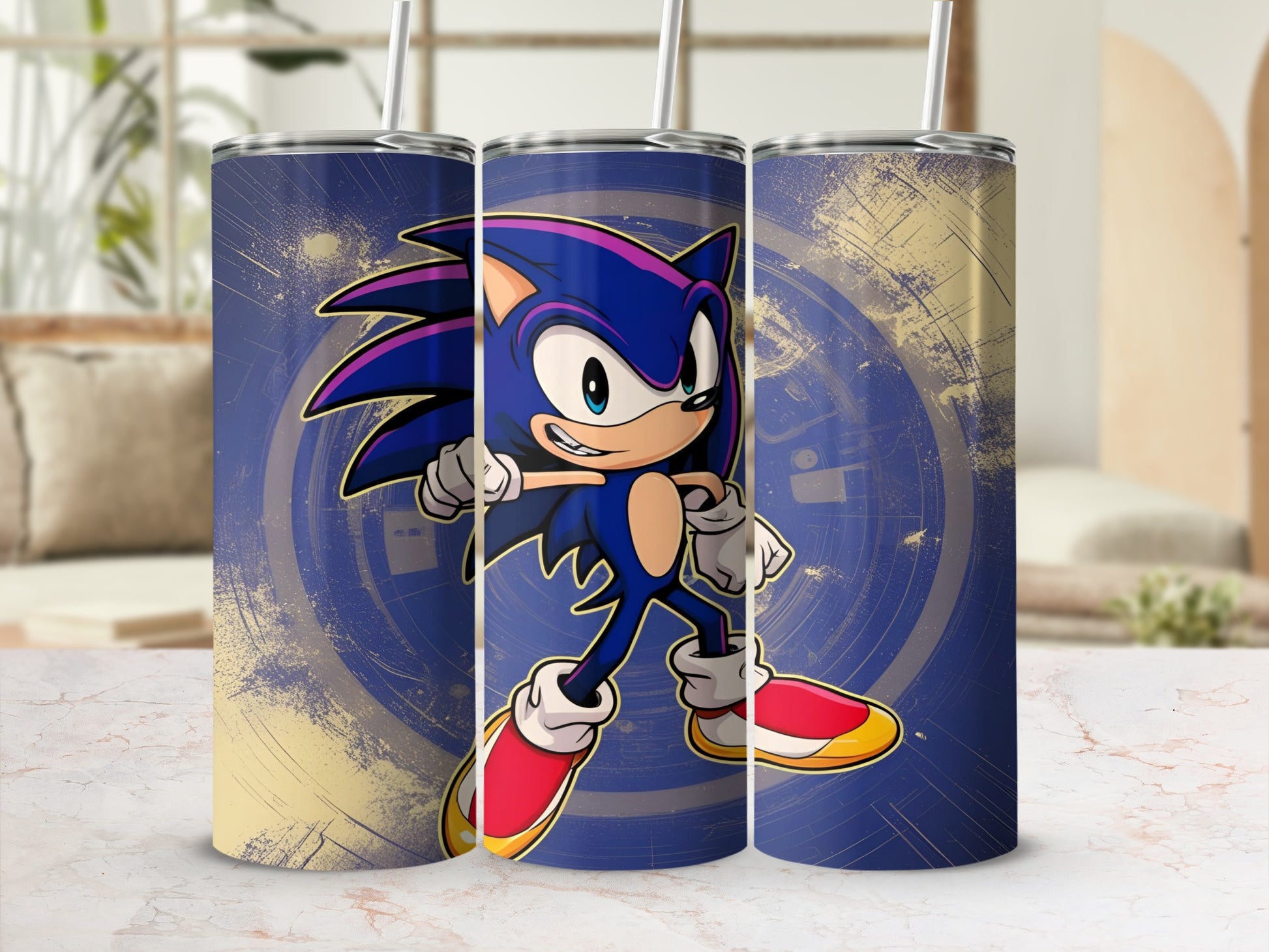 Sonic the Hedgehog character on a blue and yellow grunge textured tumbler with straw.