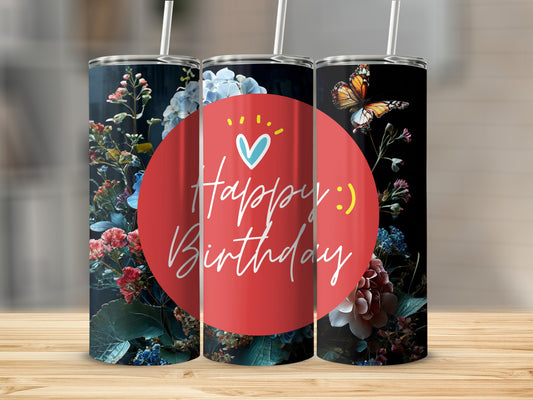 Floral tumbler with butterfly and "Happy Birthday" text.