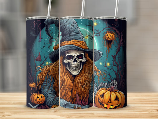 Spooky Skeleton Witch and Pumpkins Halloween tumbler
