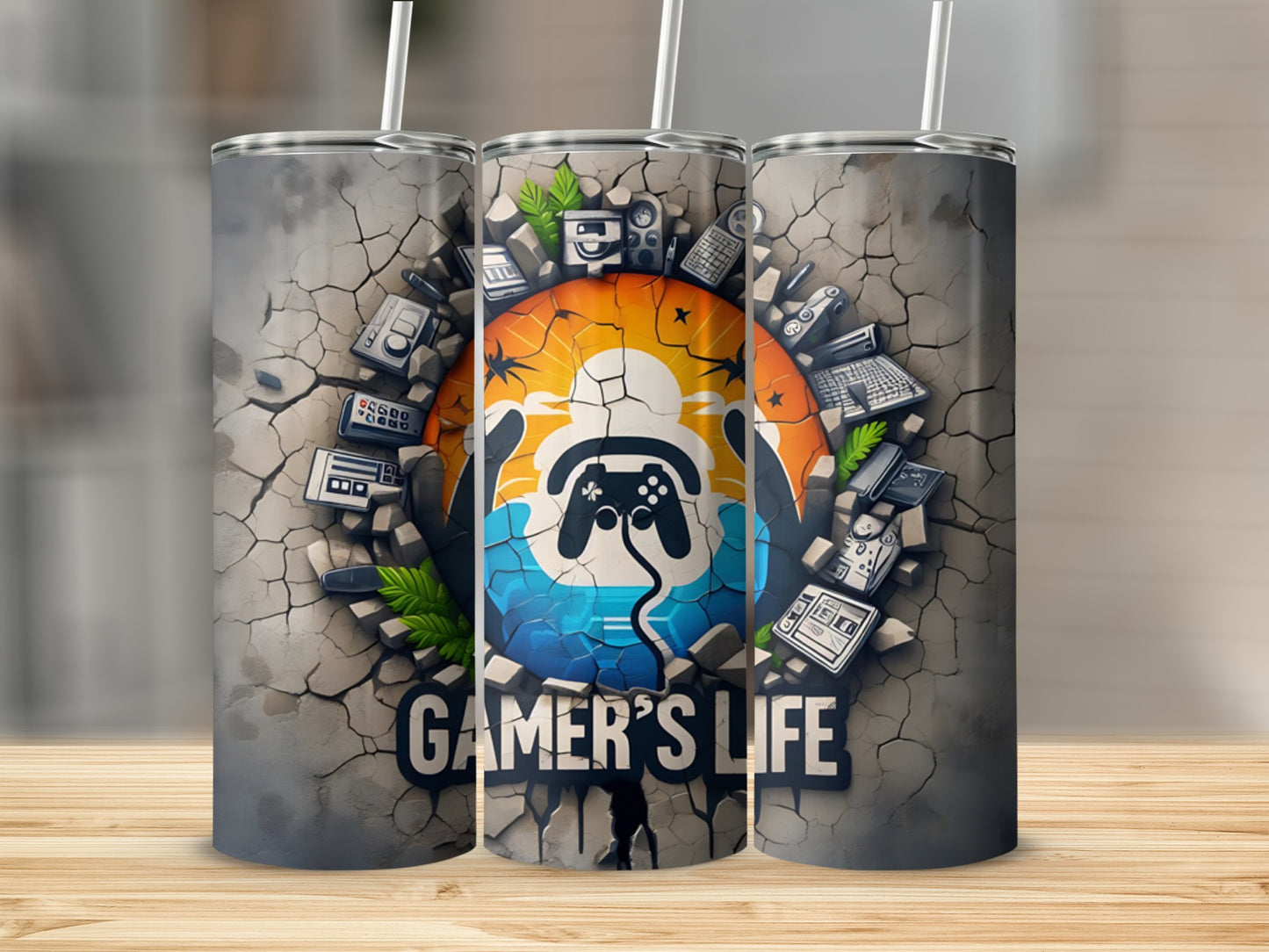 "Gamer's Life" tumbler with controller, gaming icons, and cracked wall design.