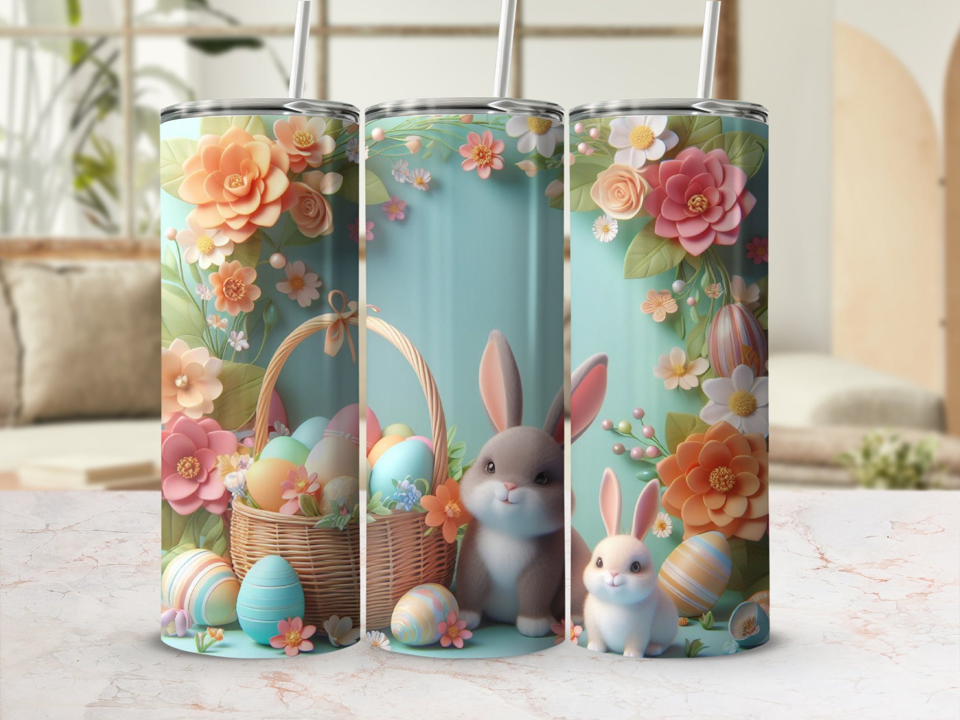 Easter bunnies and eggs in a spring floral basket setting.