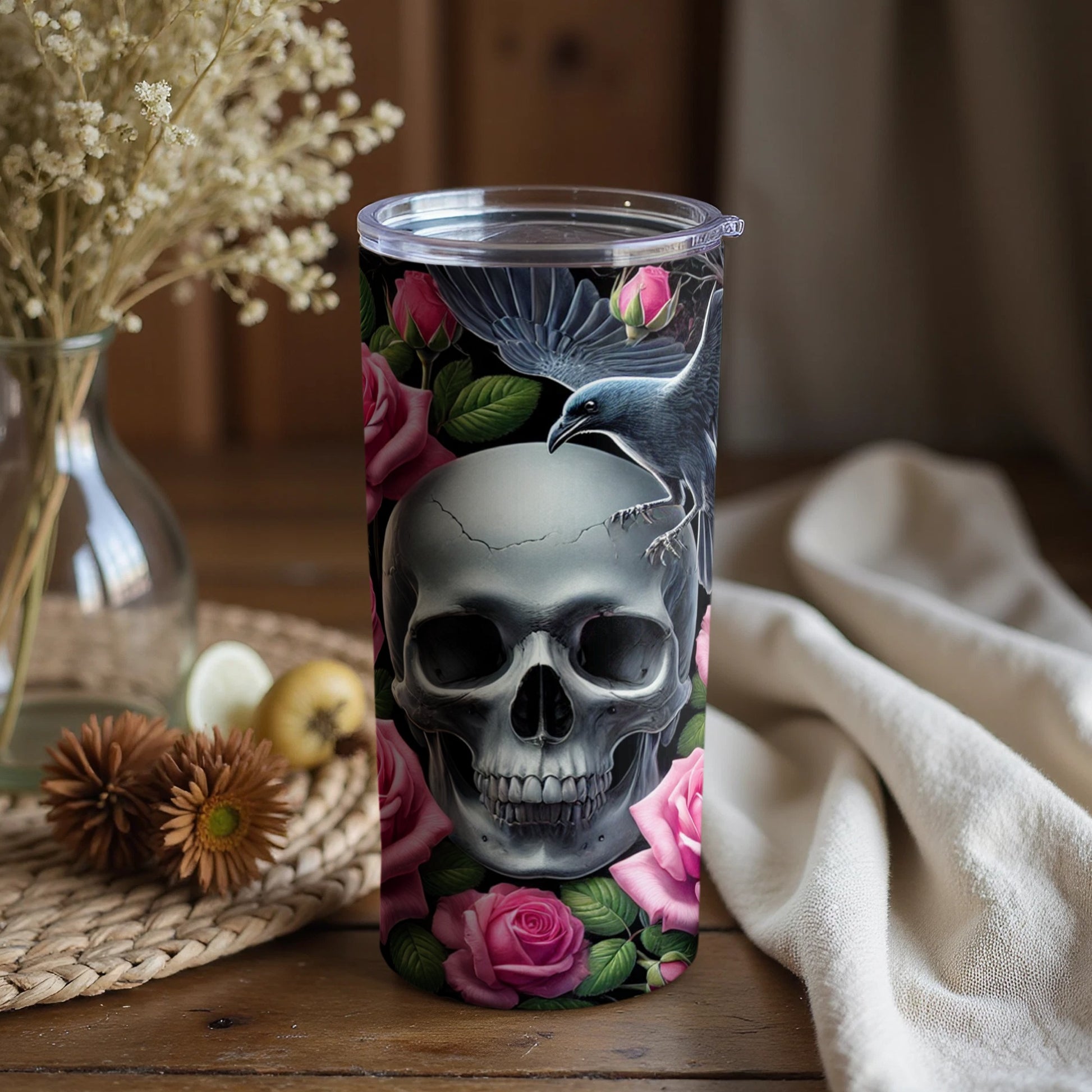 Skull with Crow and Roses Design Tumbler Product