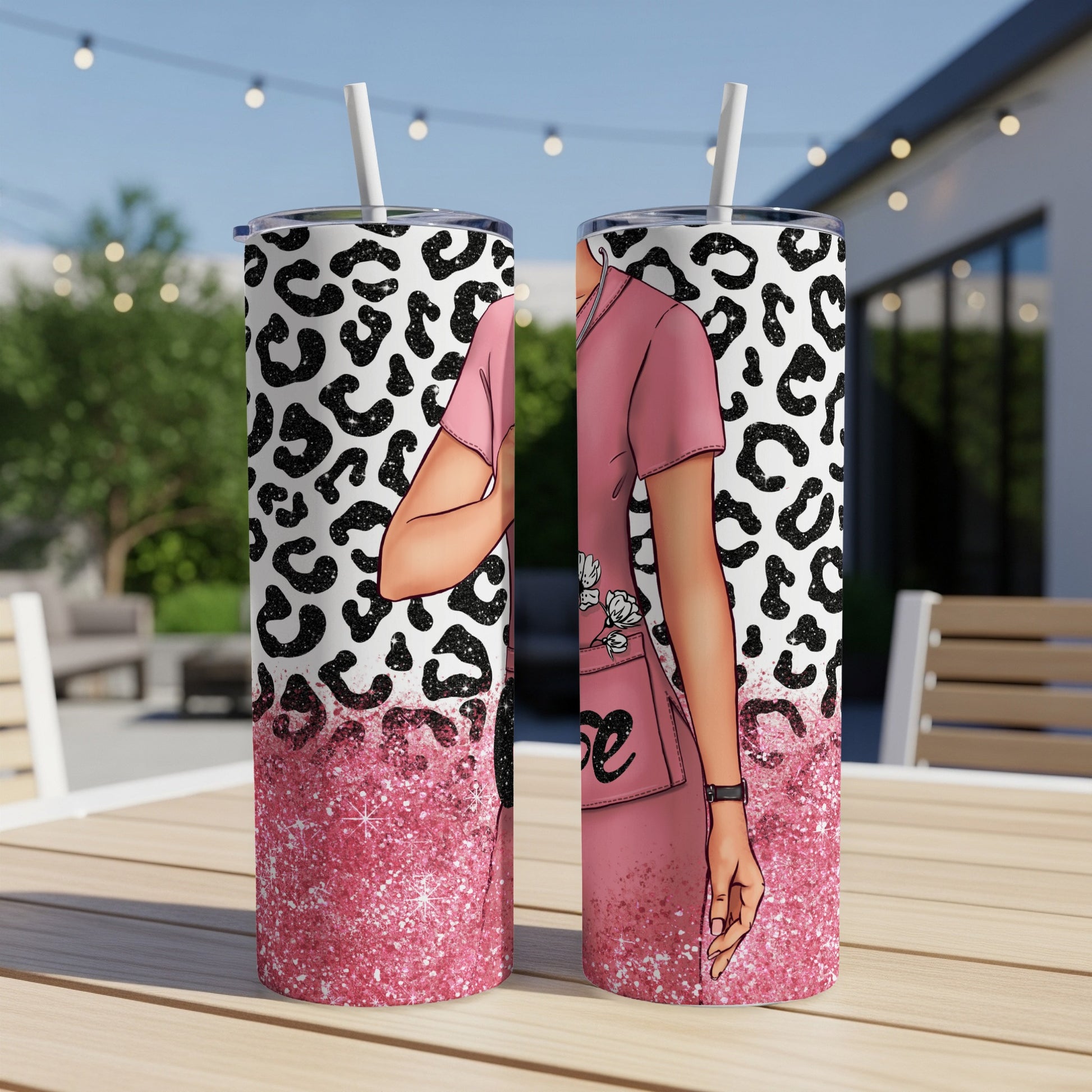 Pink nurse tumbler with leopard print and glitter accents.