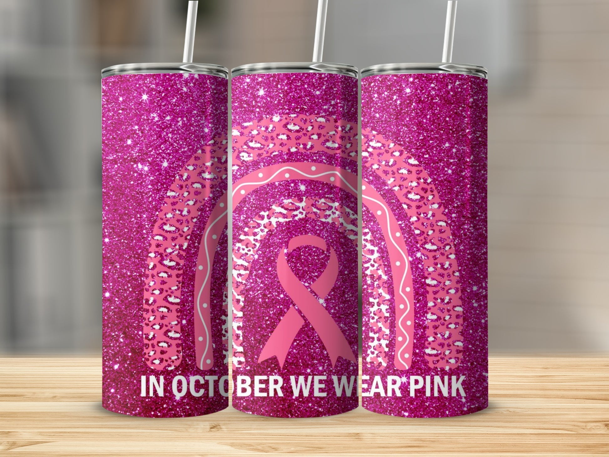 In October We Wear Pink Glitter Tumbler Breast Cancer Awareness