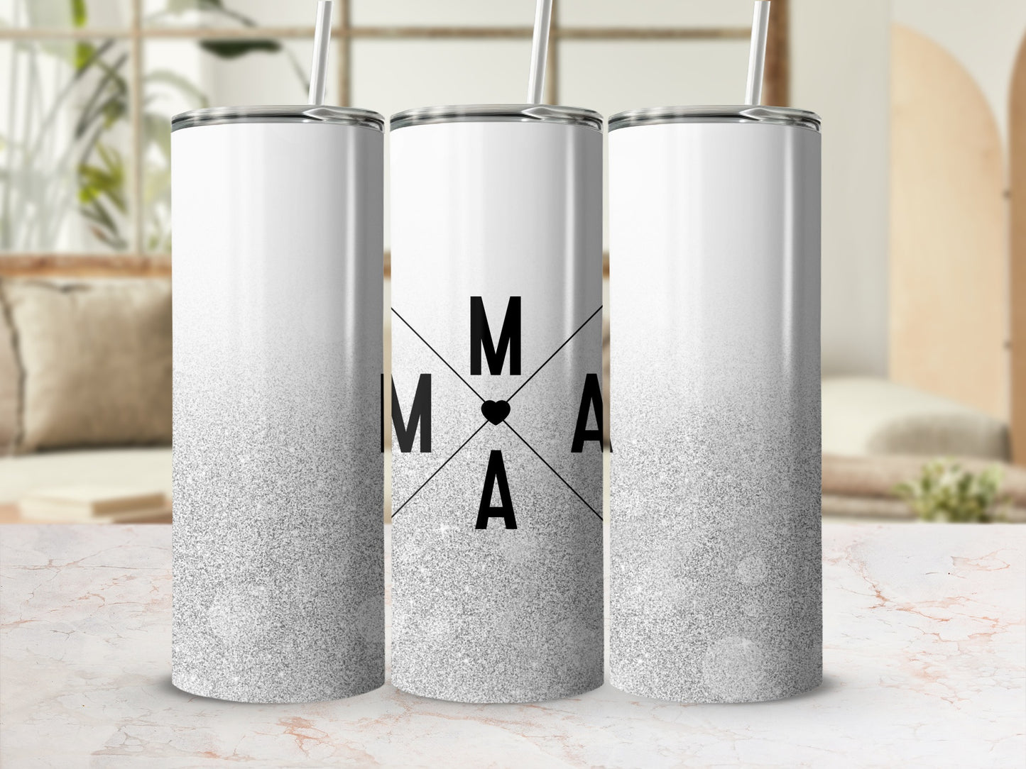 White tumbler with glitter gradient and "MAMA" text design.