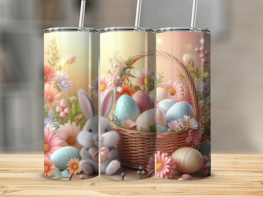 Easter bunny and colorful eggs in a basket, flanking a pink floral background.