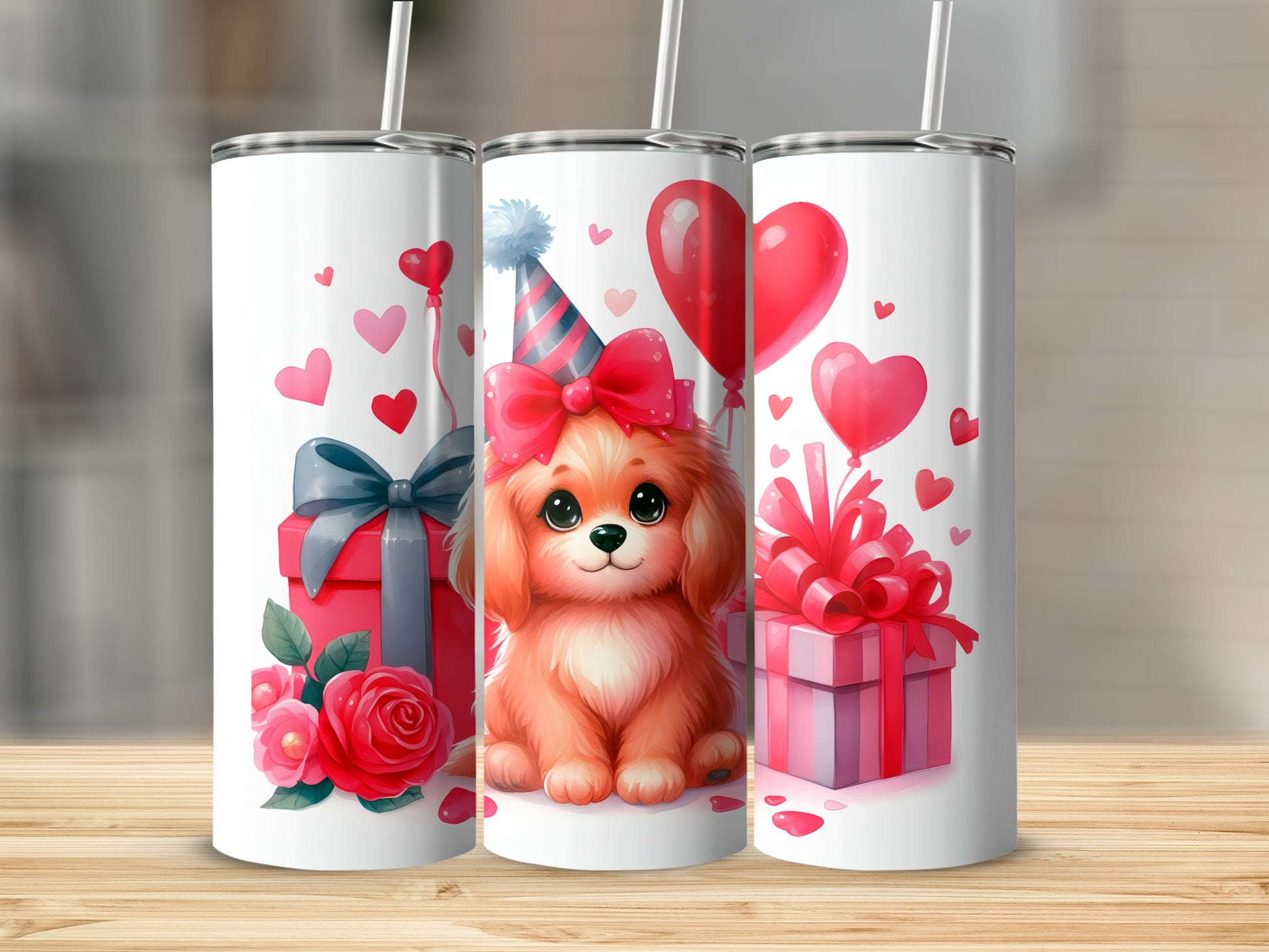 Dog with party hat and presents on a tumbler.