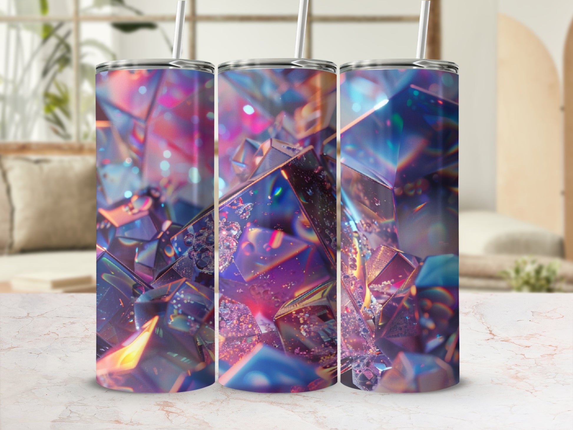 Three tumblers with abstract, iridescent geometric patterns and straws.