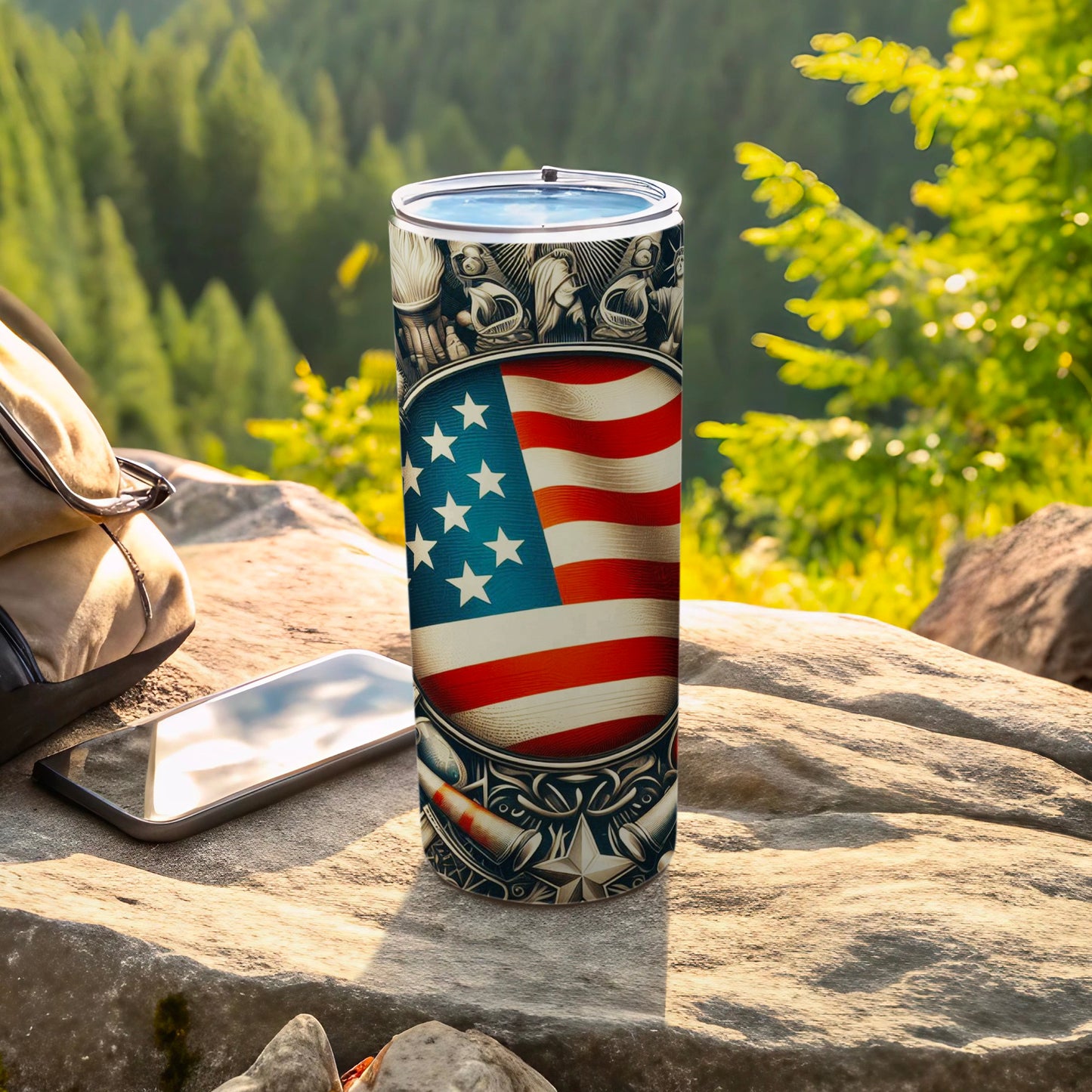 Tumbling tumbler with American flag design, outdoors on a rock.