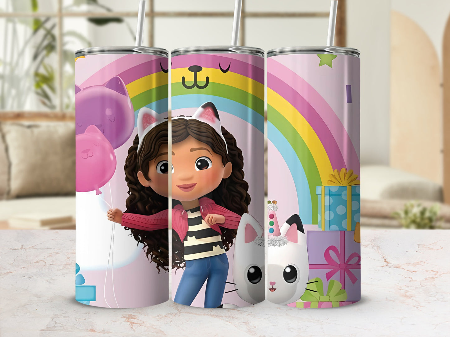 Rainbow and Cat Themed Tumbler with Cartoon Character