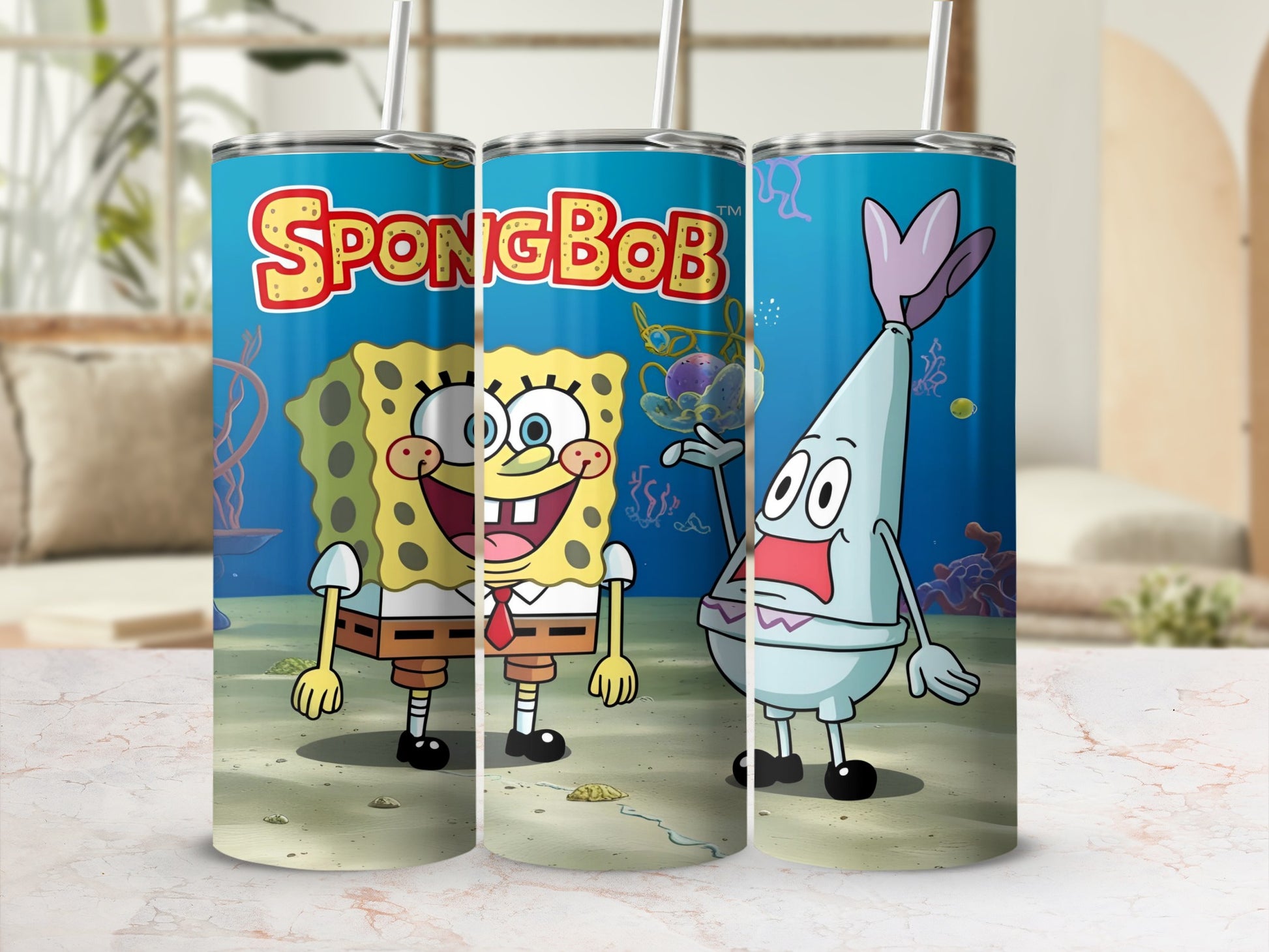 SpongeBob SquarePants and Patrick Star on a colorful tumbler.
