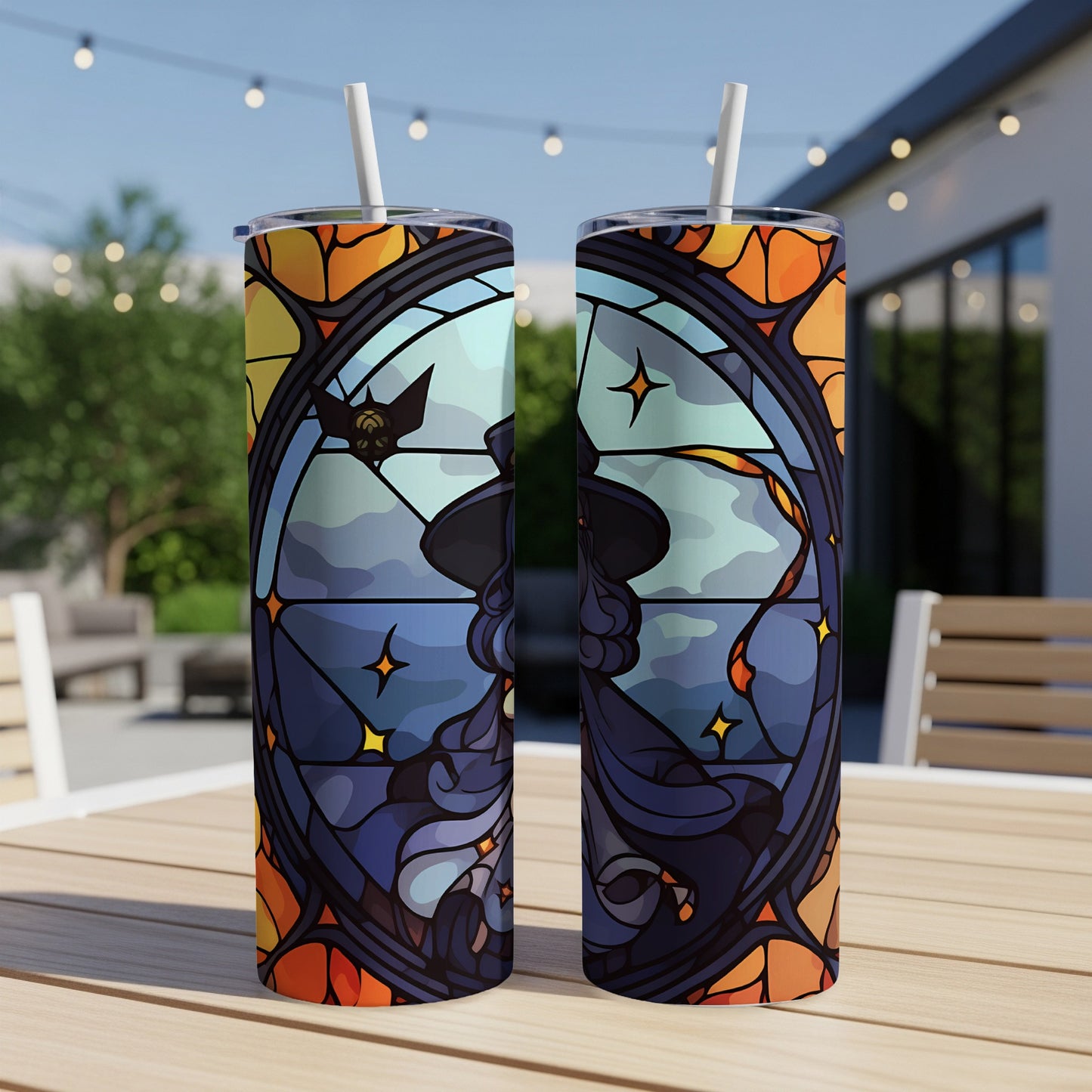 Witch and bat stained glass design on two tumblers.
