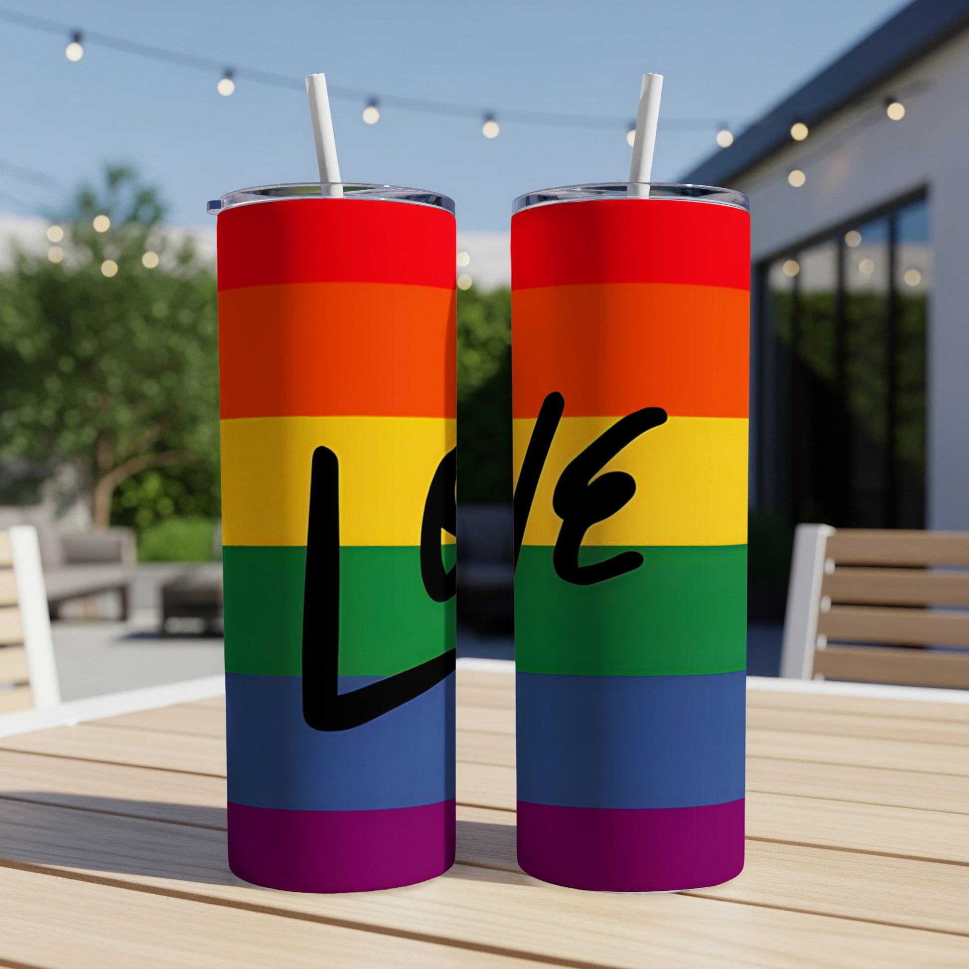 Two tumblers with rainbow stripes and "Love" written in black text.