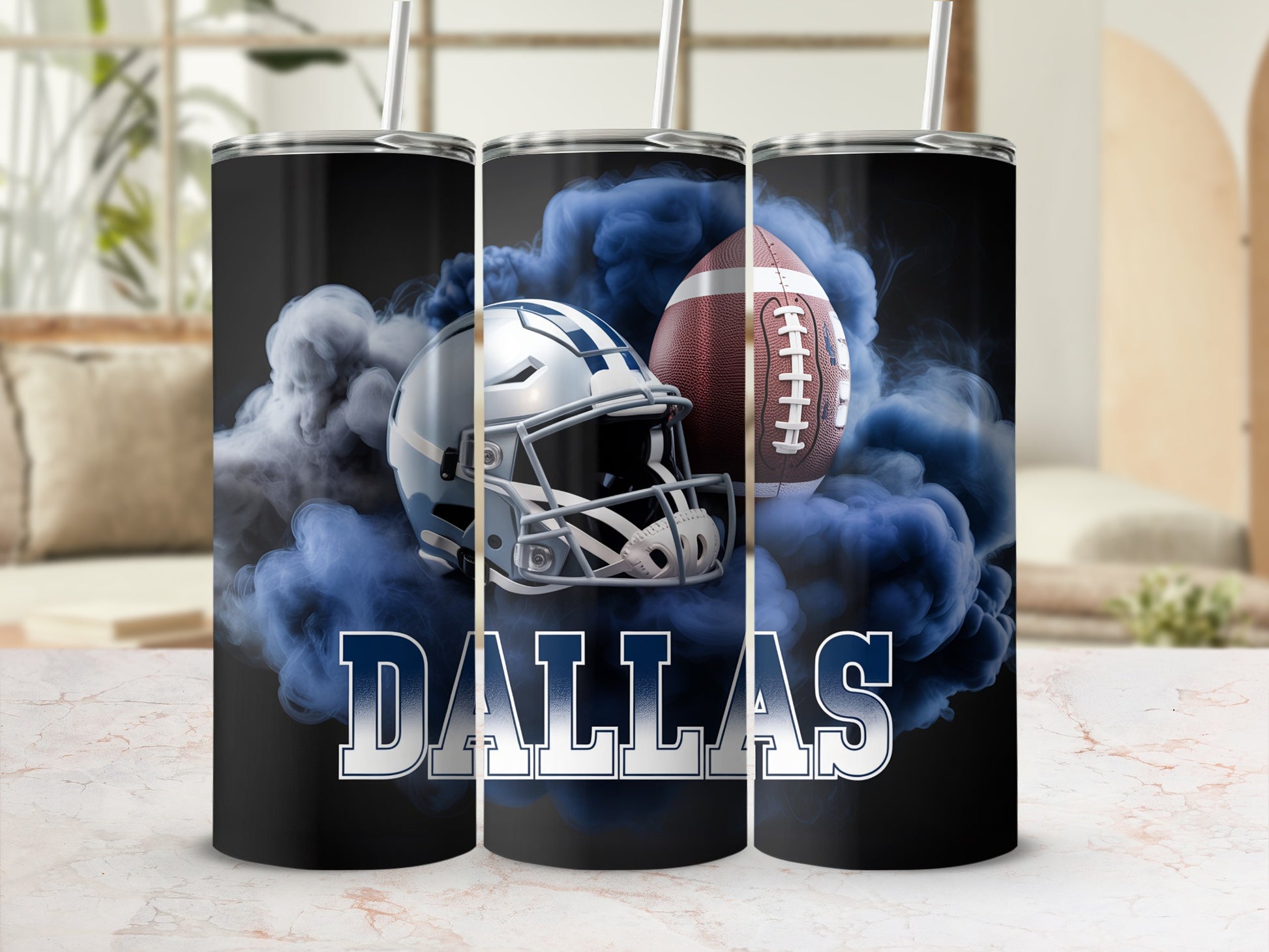 Dallas Cowboys football helmet and ball in blue smoke on tumbler.