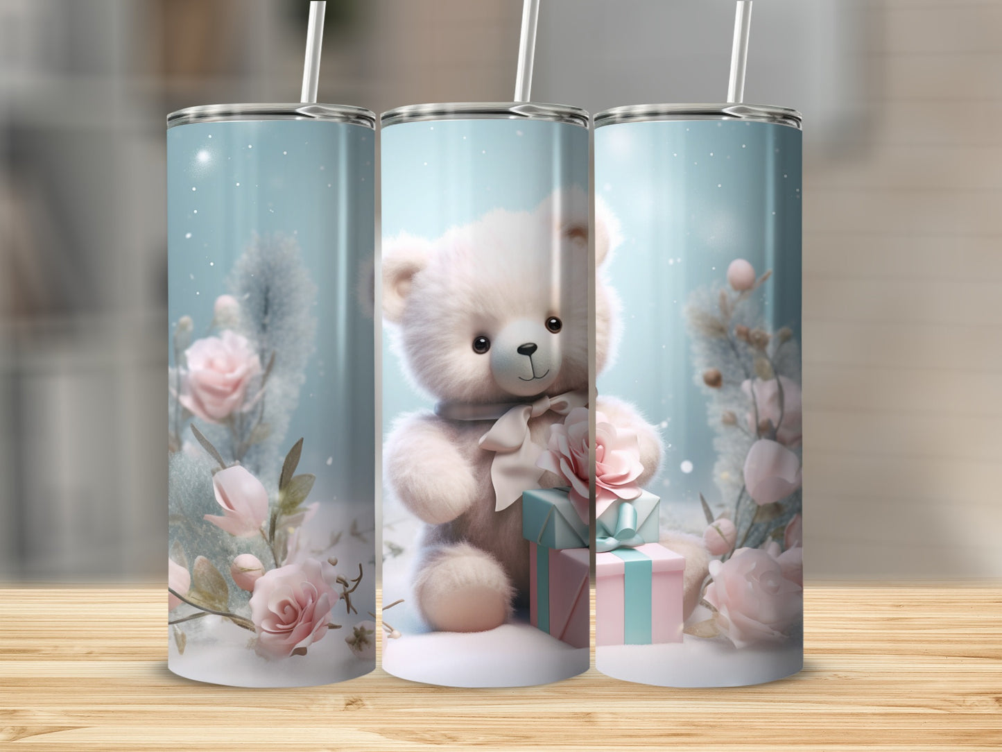 Cute Teddy Bear with Flowers Insulated Tumbler