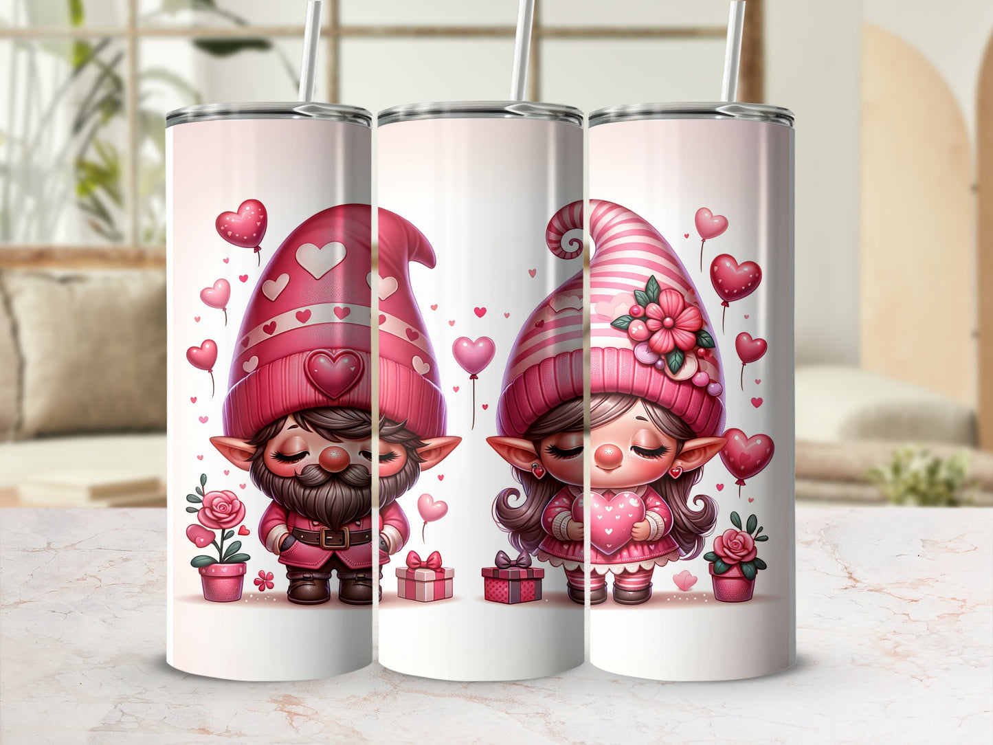 Two Valentine gnomes with hearts, one holding a gift.
