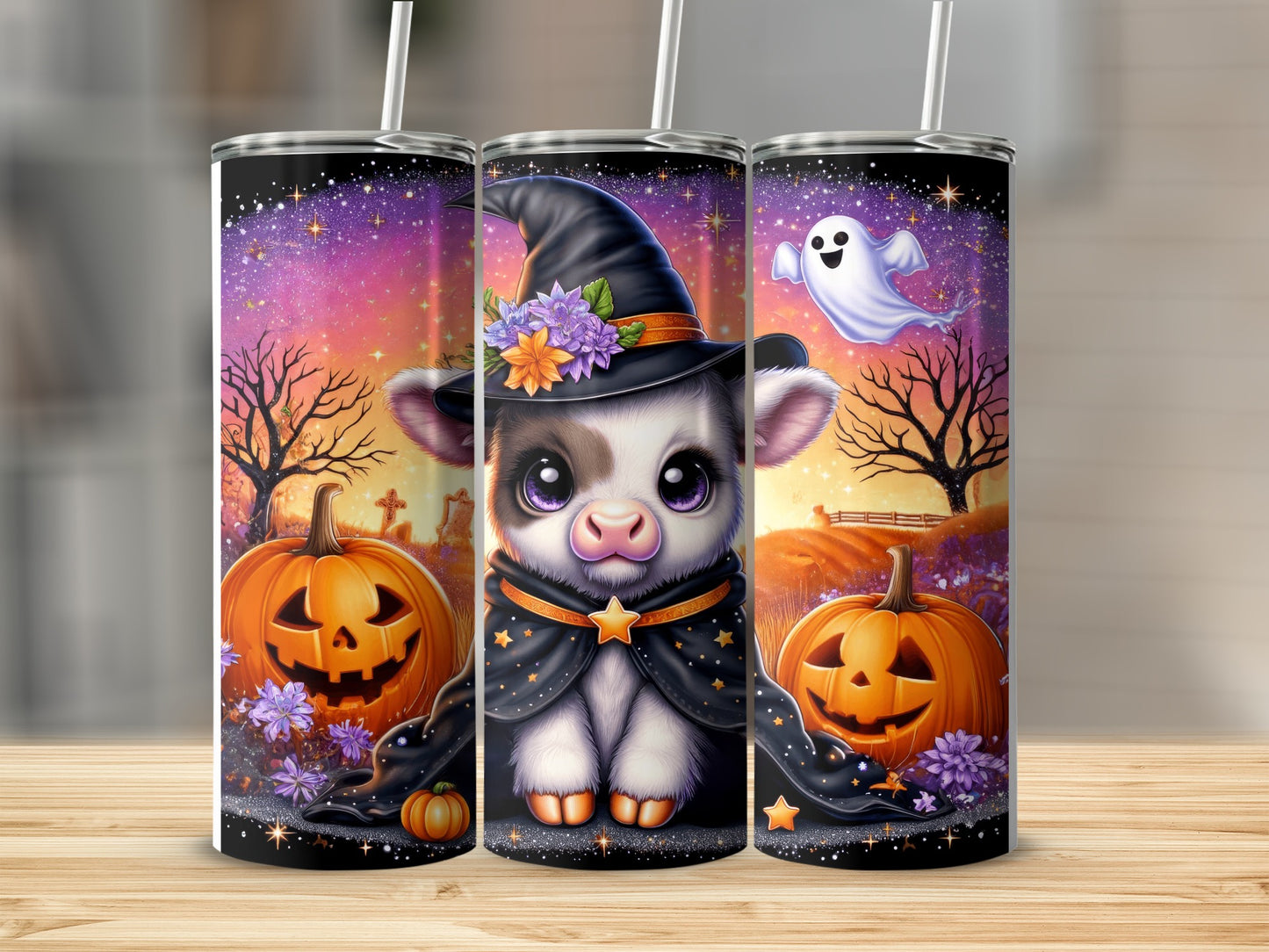 Three tumblers with a Halloween cow, pumpkins, and a ghost on a starry sky background.