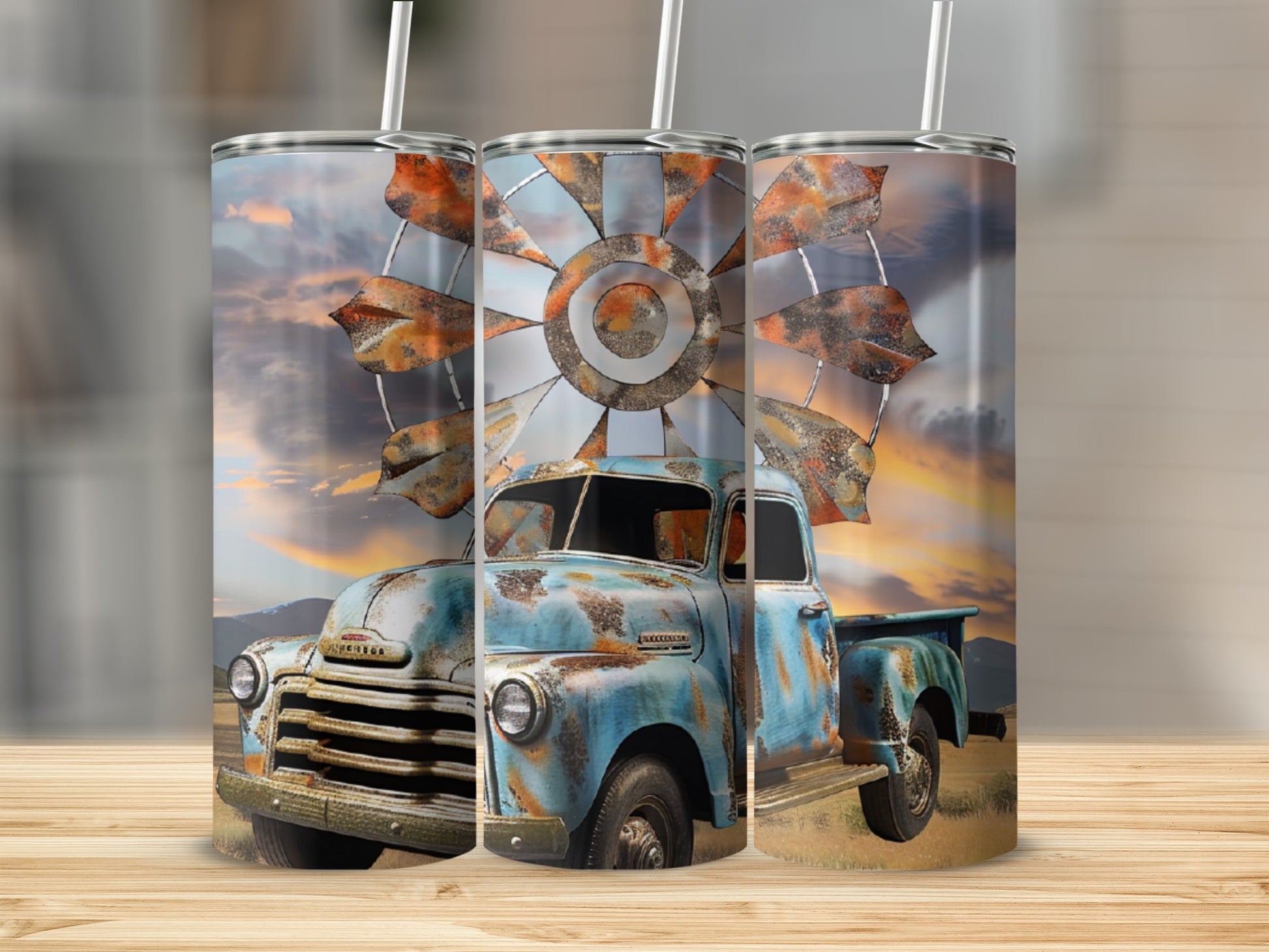 Rustic blue pickup truck with windmill on a rustic tumbler.